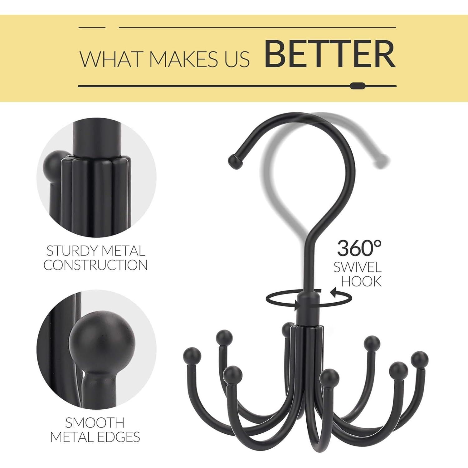 Perchero de Cinturones PODATOL Negro, Organizador Giratorio 24 Cinturones