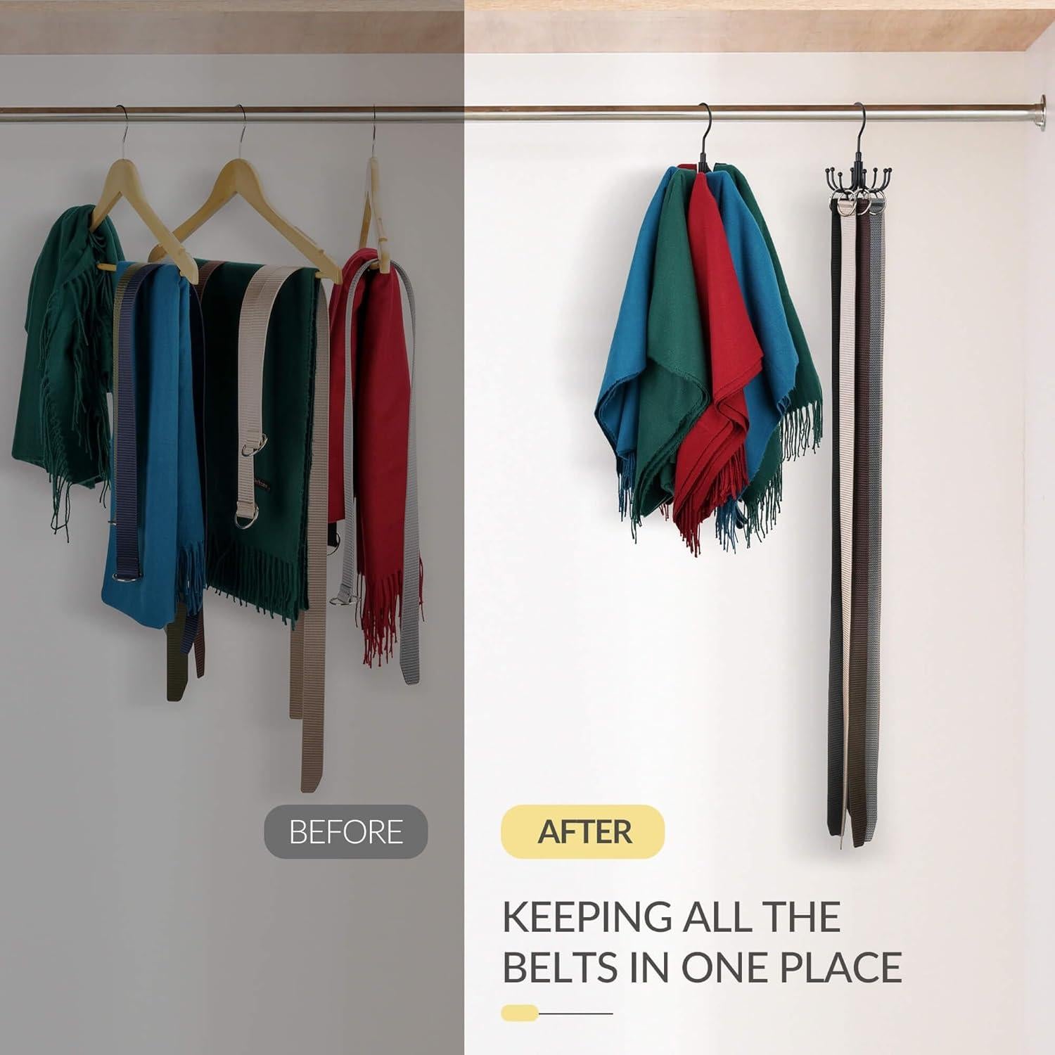 Perchero de Cinturones PODATOL Negro, Organizador Giratorio 24 Cinturones