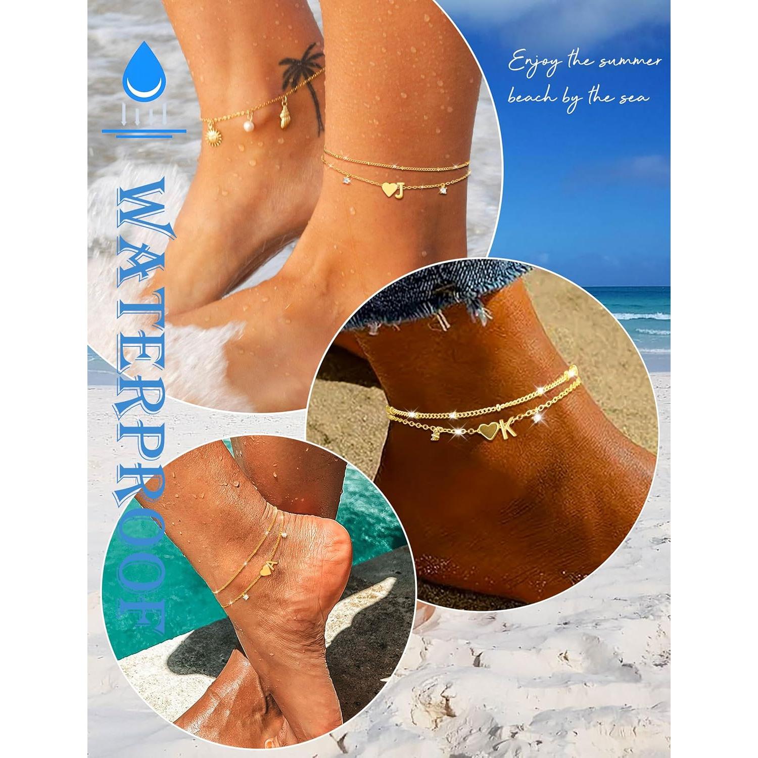 Pulsera de Tobillo Oro 14K con Iniciales CZ para Mujeres