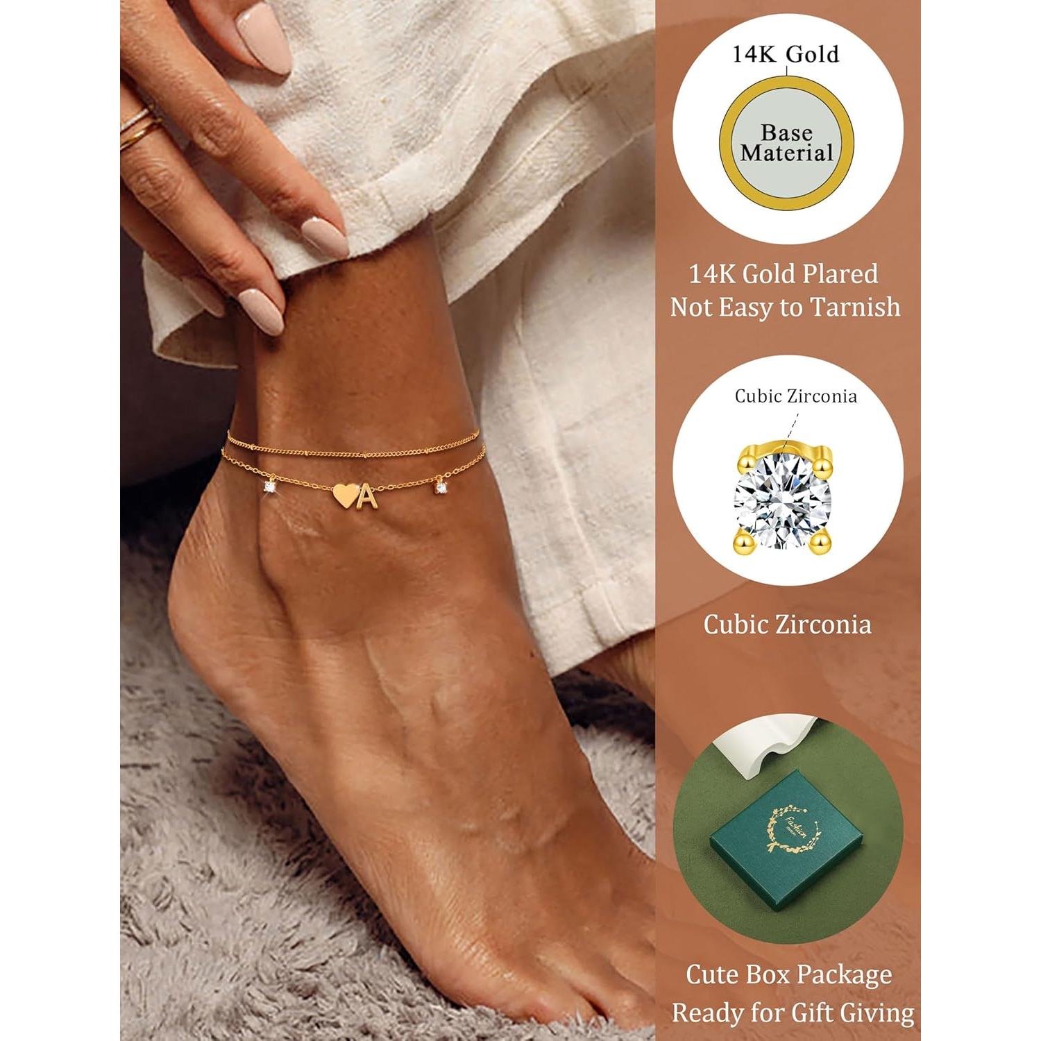Pulsera de Tobillo Oro 14K con Iniciales CZ para Mujeres