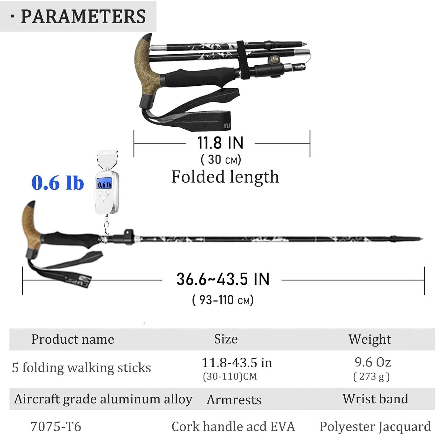 Bastón Plegable Ajustable Genérico 5 Secciones 310g Negro
