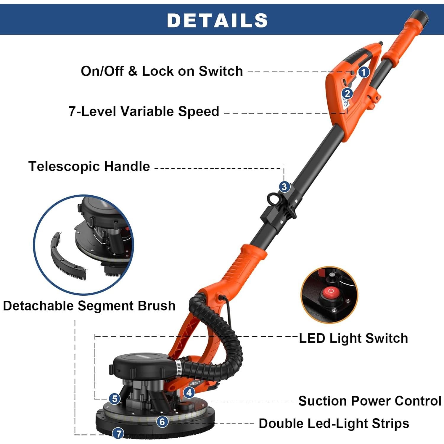 Lijadora para Drywall FOINCEF 950W 7 Velocidades con Aspiradora