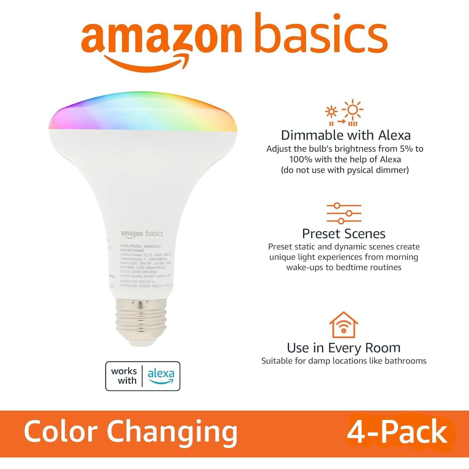 Bombilla LED inteligente Amazon Basics BR30, 9W, RGBW, 800LM, 4 unidades