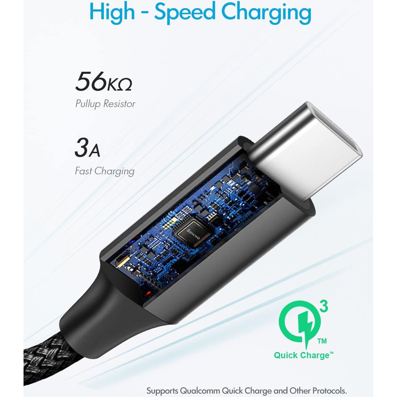 Cable USB Tipo C Baiwwa 0.30m Carga Rápida 2-Pack Negro