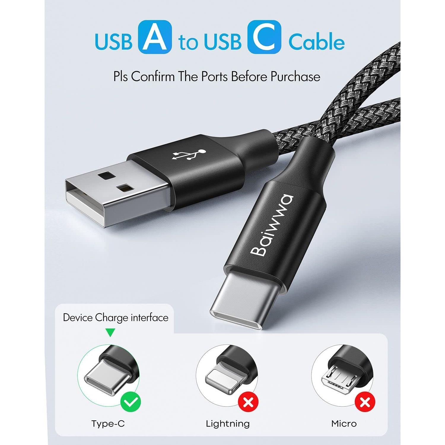 Cable USB Tipo C Baiwwa 0.30m Carga Rápida 2-Pack Negro