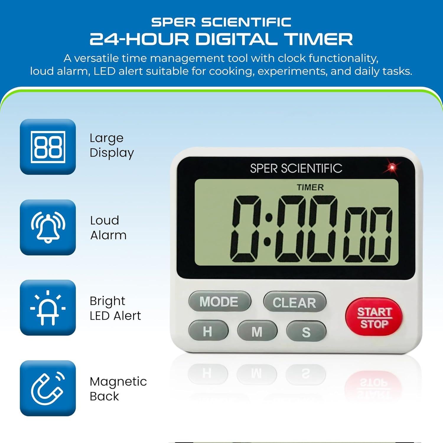 Temporizador Digital de 24 Horas Sper Scientific 810001 con Alarma y Luz LED