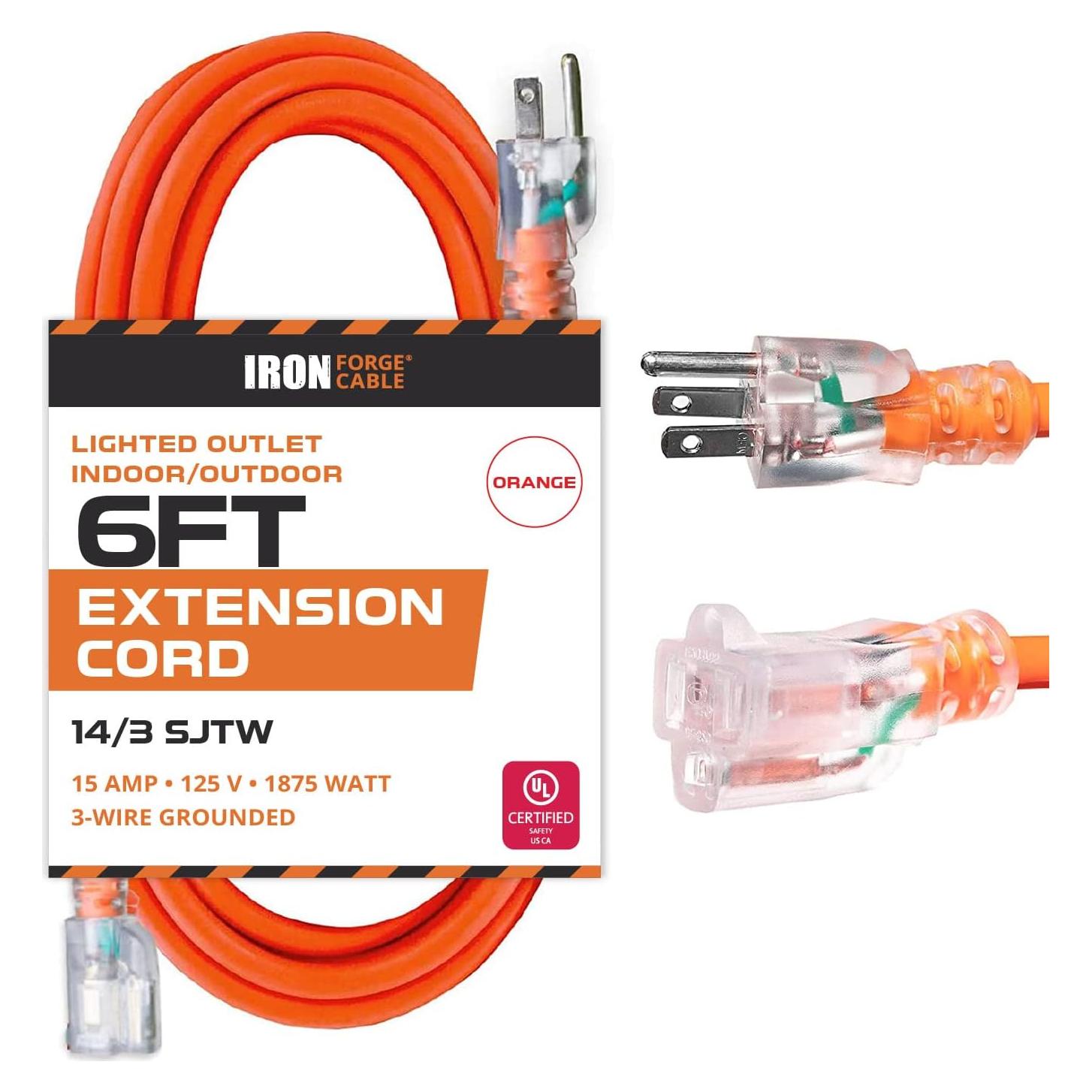 Cable de Extensión Exterior Naranja 6 Pies 15A CABLE DE FORJA DE HIERRO