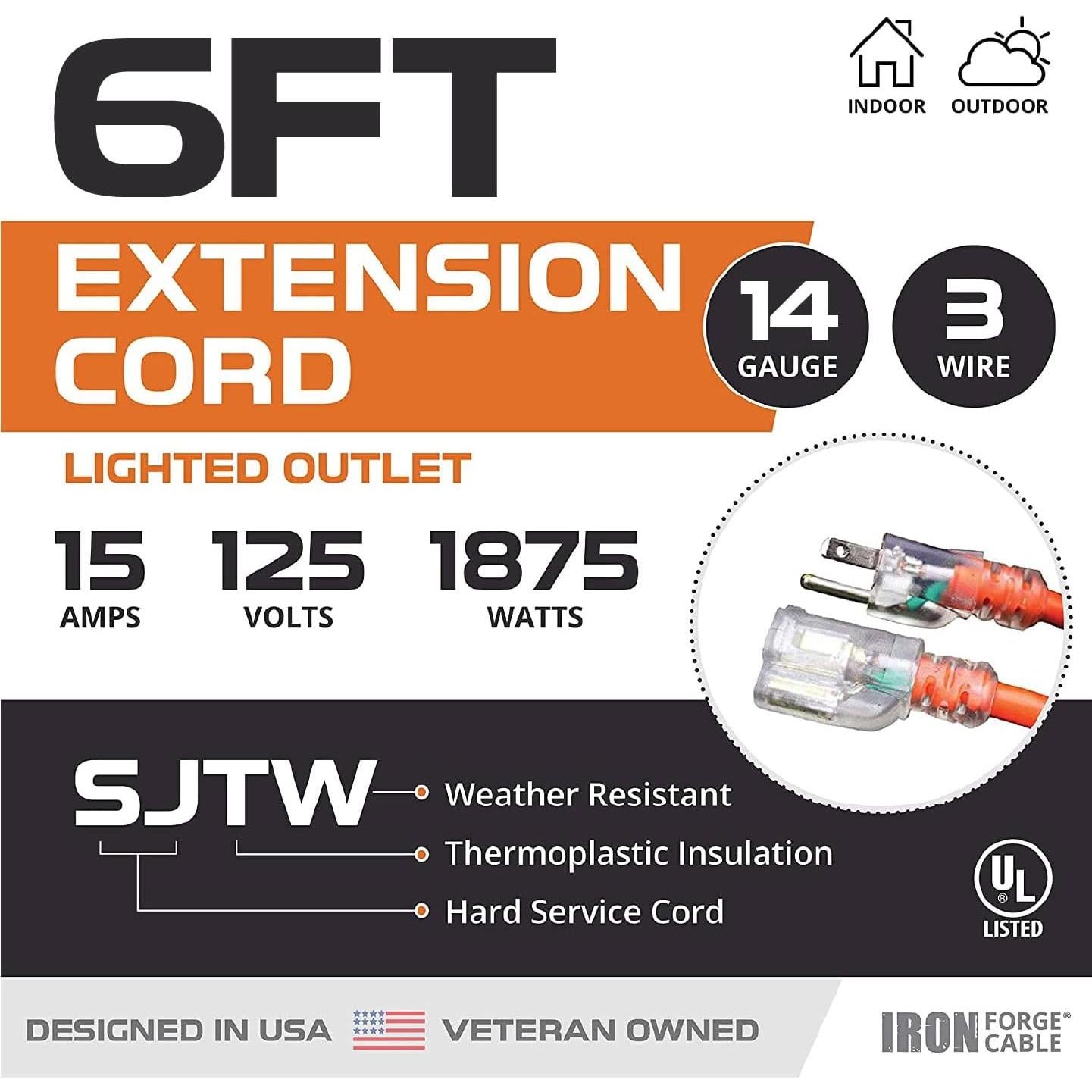 Cable de Extensión Exterior Naranja 6 Pies 15A CABLE DE FORJA DE HIERRO