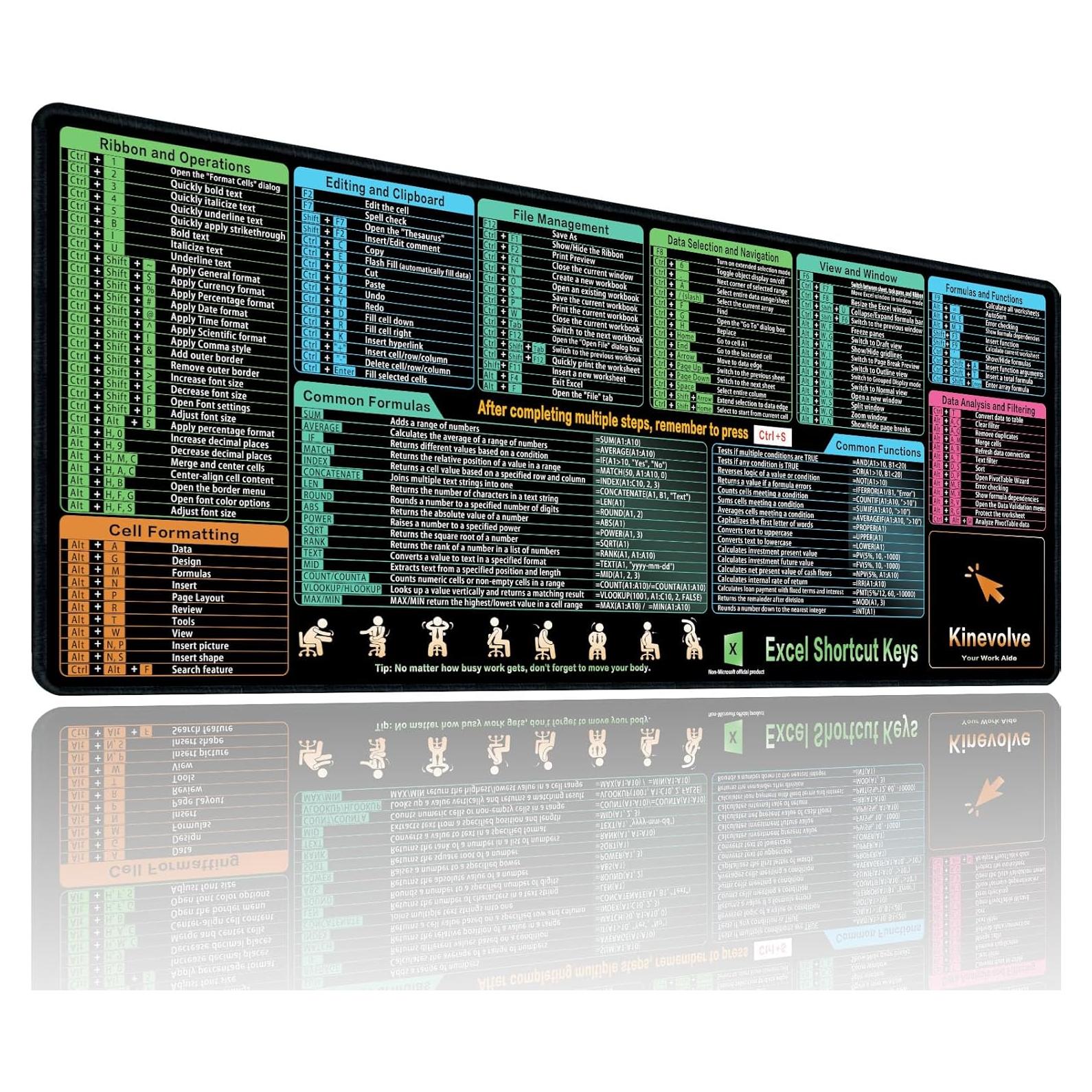 Alfombrilla de Ratón XL Kinevolve con Atajos de Excel 80x30 cm