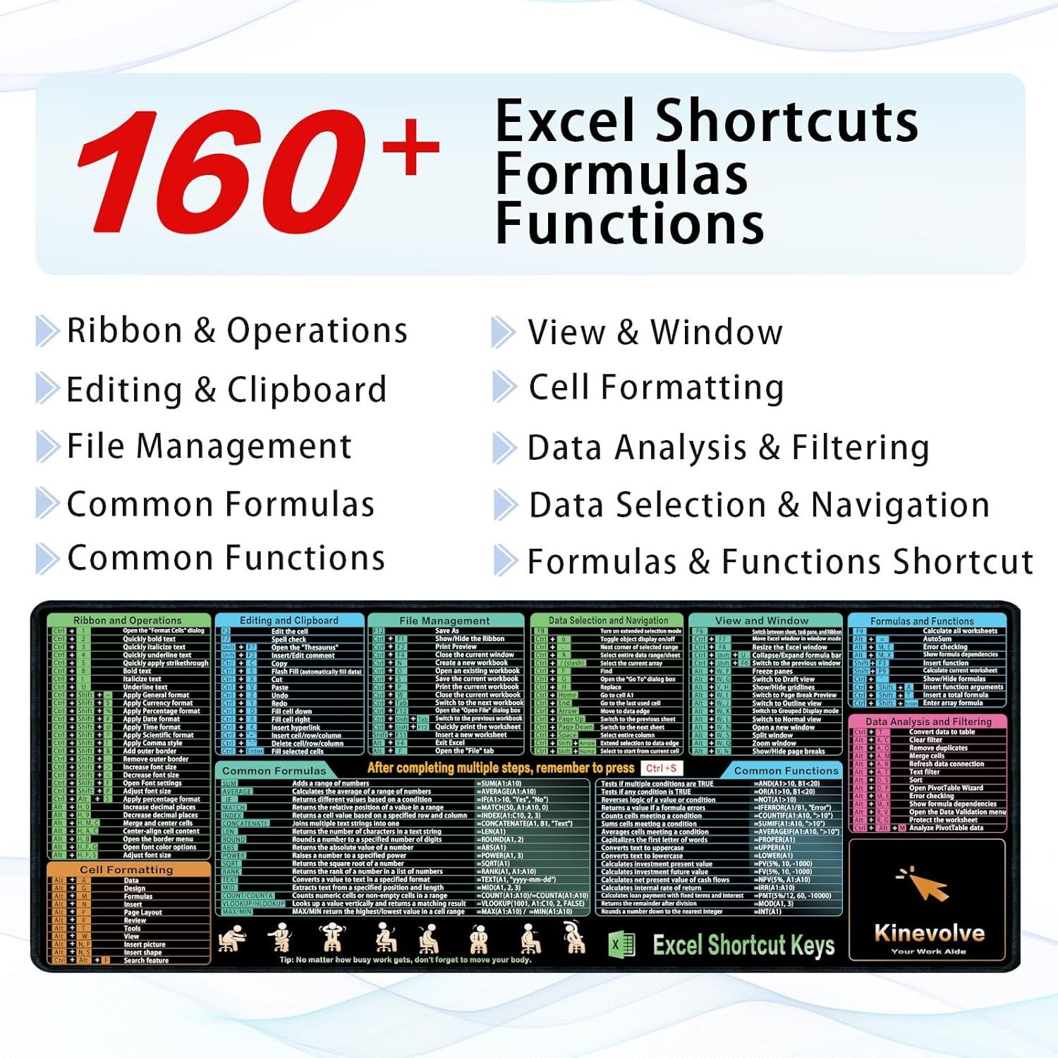 Alfombrilla de Ratón XL Kinevolve con Atajos de Excel 80x30 cm