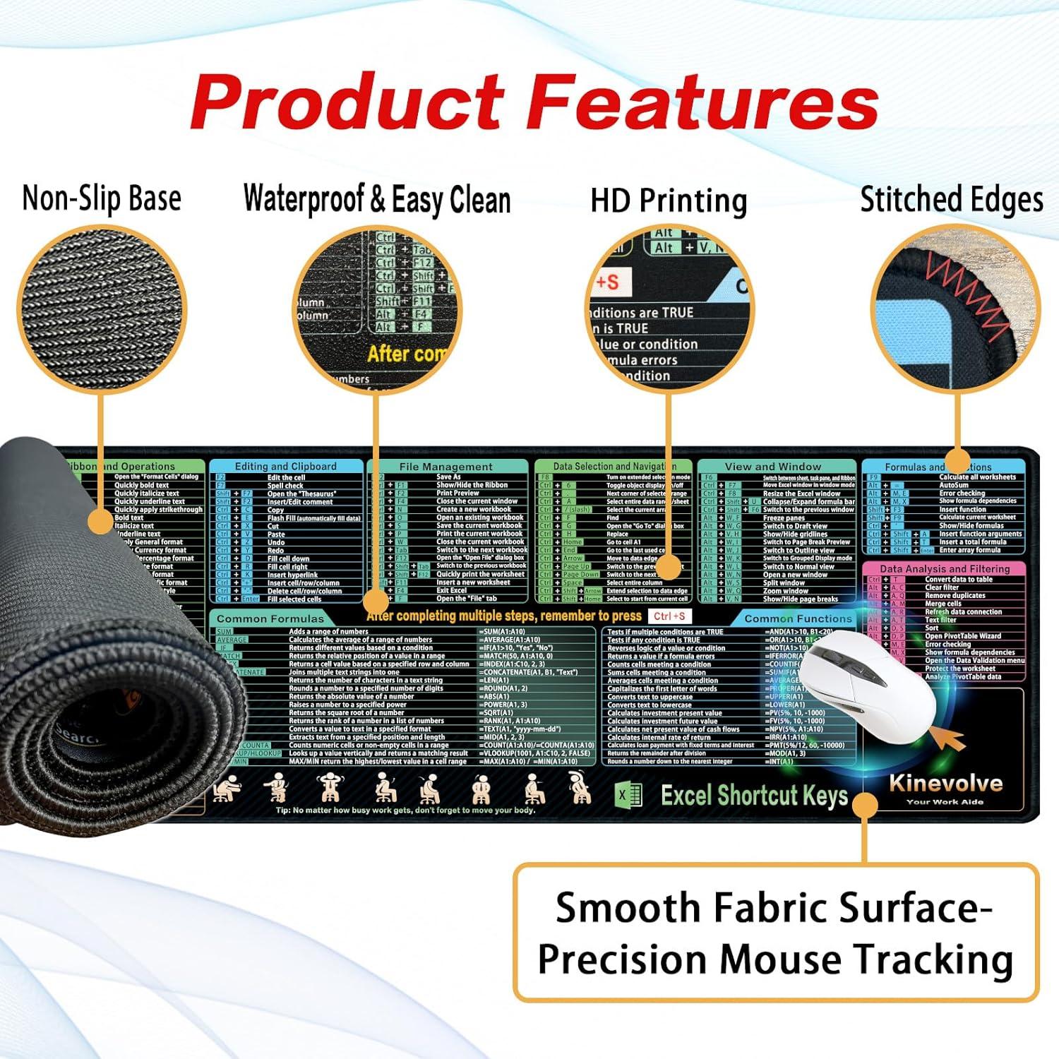 Alfombrilla de Ratón XL Kinevolve con Atajos de Excel 80x30 cm