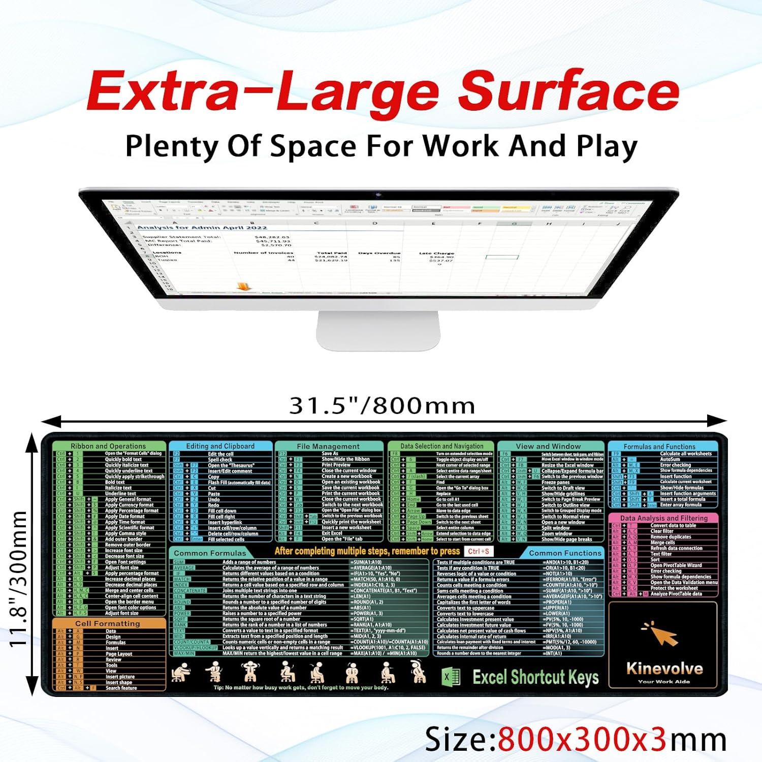Alfombrilla de Ratón XL Kinevolve con Atajos de Excel 80x30 cm