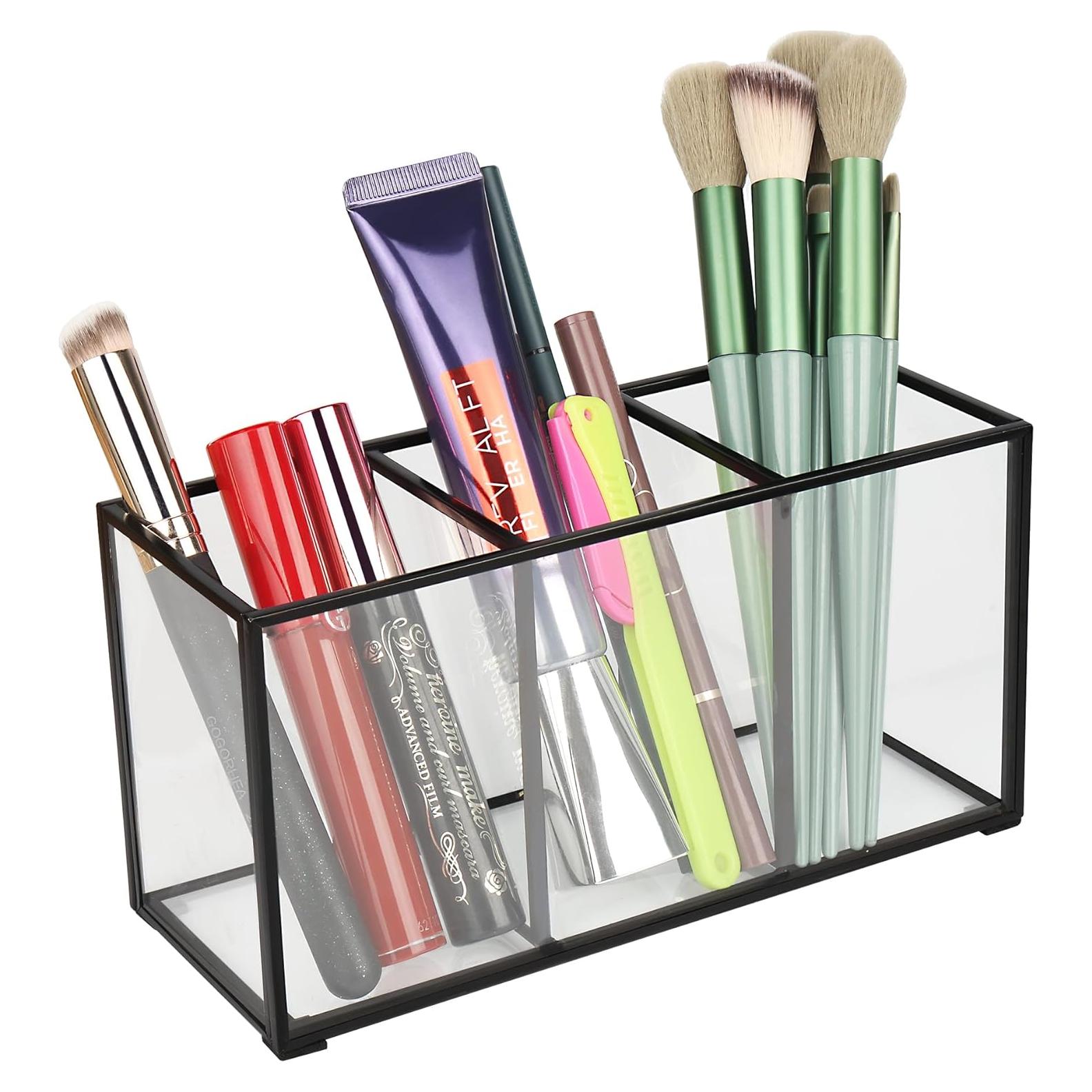 Organizador de Brochas de Maquillaje ELEGANTLIFE Vidrio Templado 3 Secciones