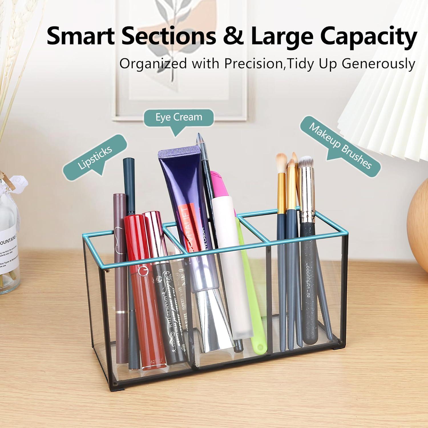 Organizador de Brochas de Maquillaje ELEGANTLIFE Vidrio Templado 3 Secciones