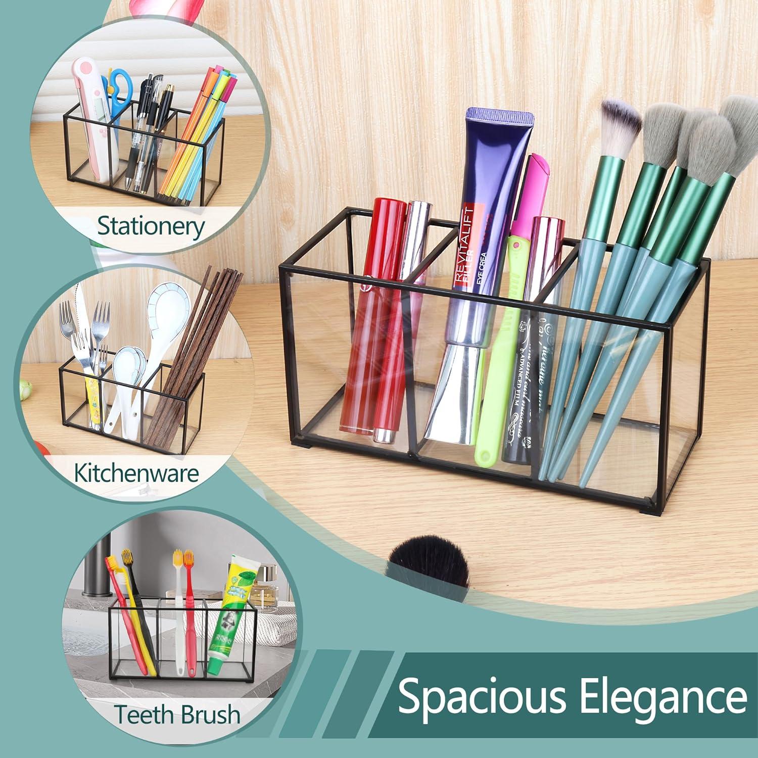 Organizador de Brochas de Maquillaje ELEGANTLIFE Vidrio Templado 3 Secciones
