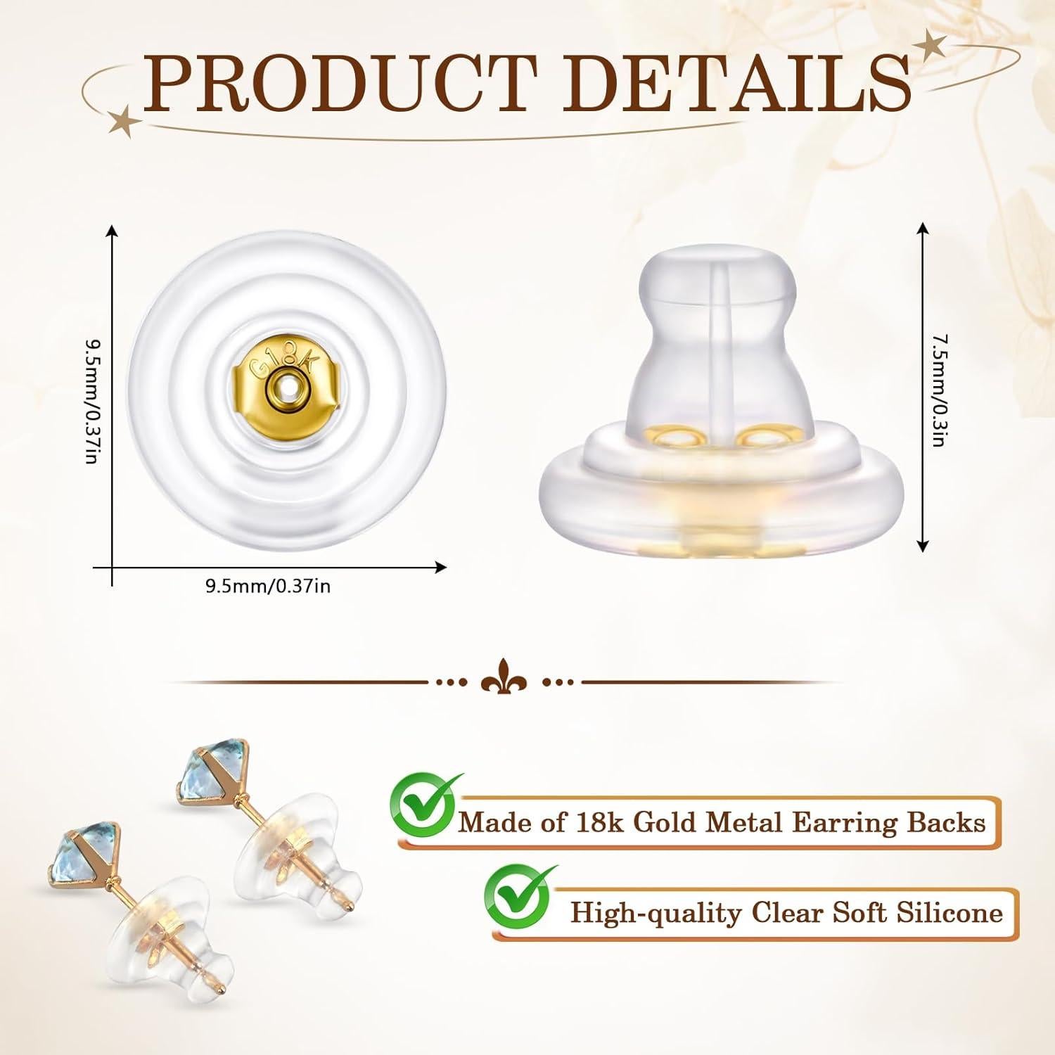 12 Respaldo de Pendientes Zithyond Oro 18K Silicona Hipoalergénico