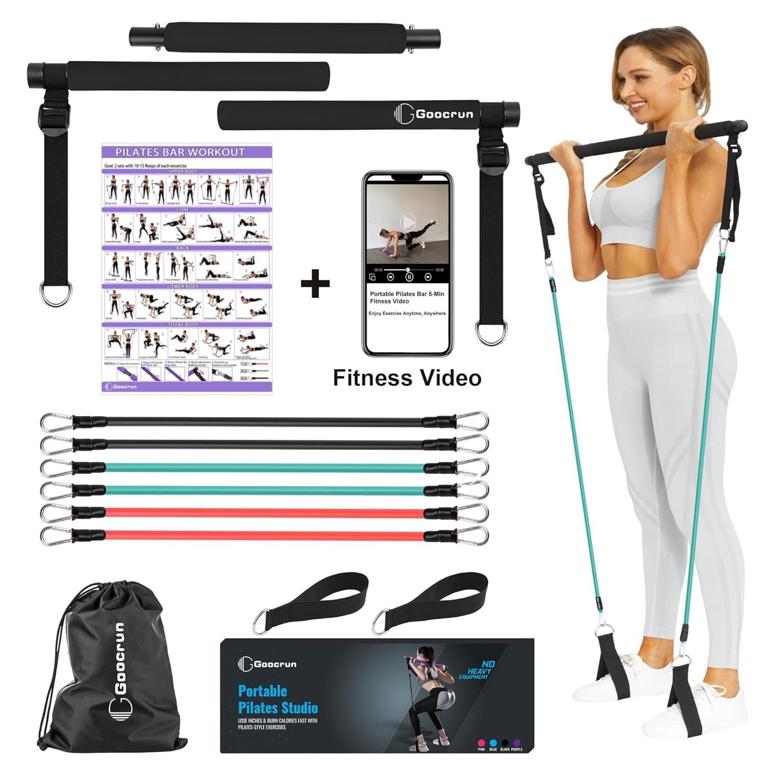 Kit de Barra de Pilates Goocrun con Bandas de Resistencia 130 lbs