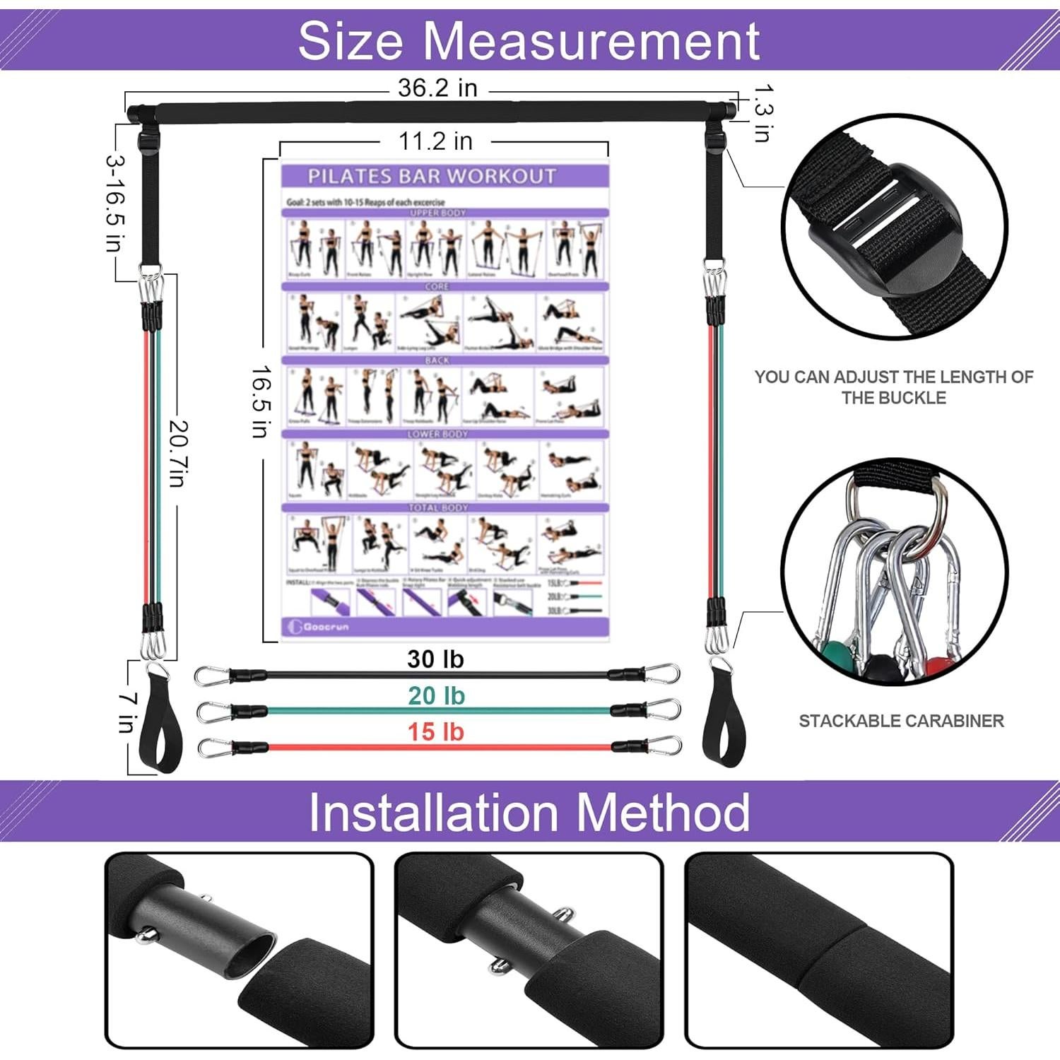 Kit de Barra de Pilates Goocrun con Bandas de Resistencia 130 lbs