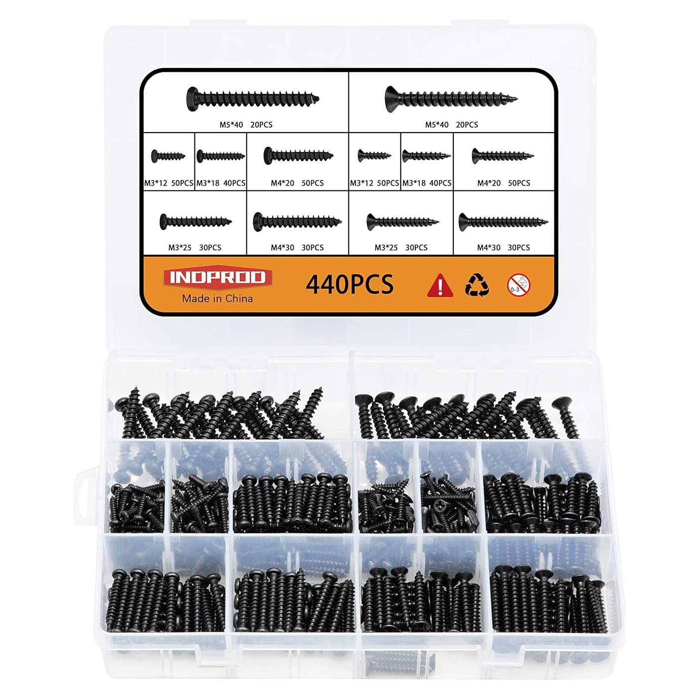 Kit de Tornillos de Madera Indprod 440 pcs M3 M4 M5 Acero