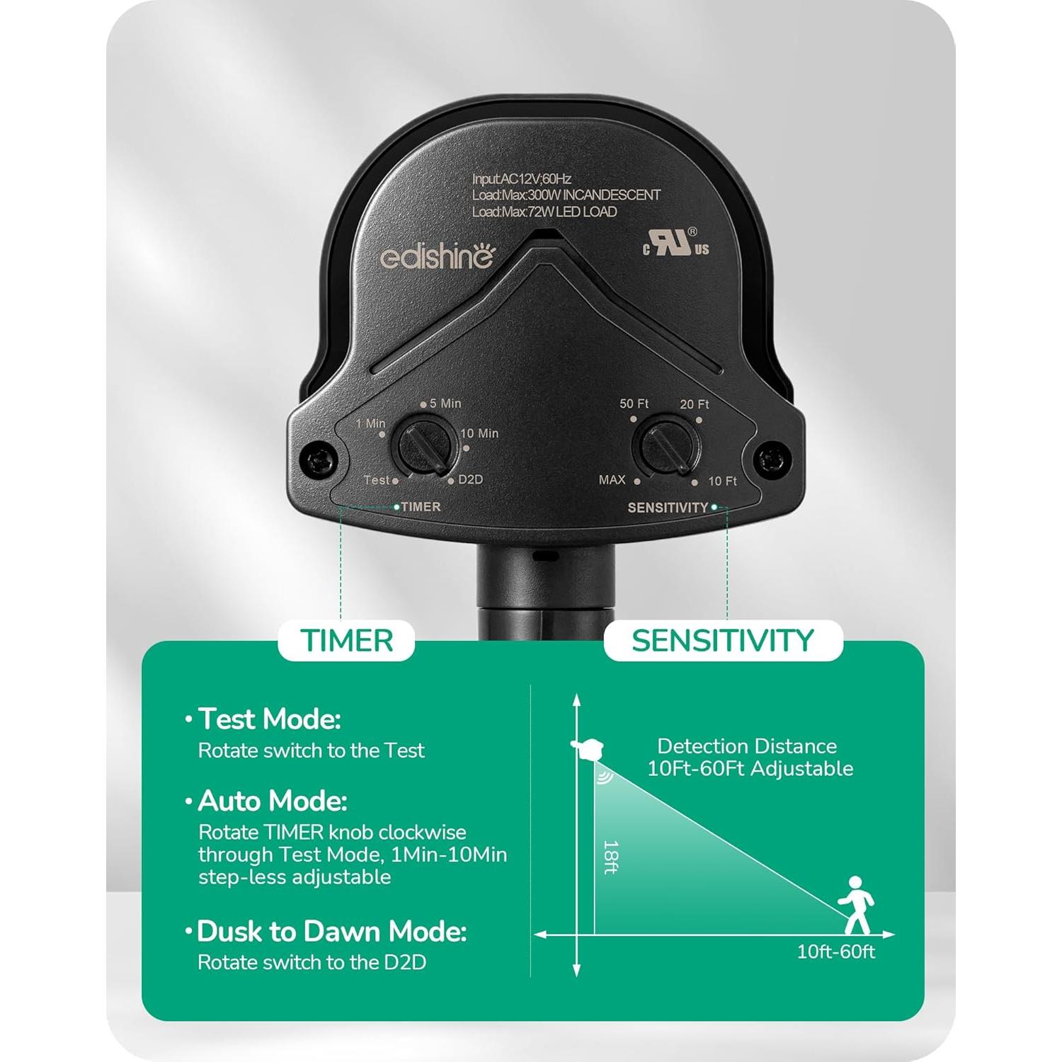 Sensor de Movimiento EDISHINE 240° Ajustable 18.3m Negro