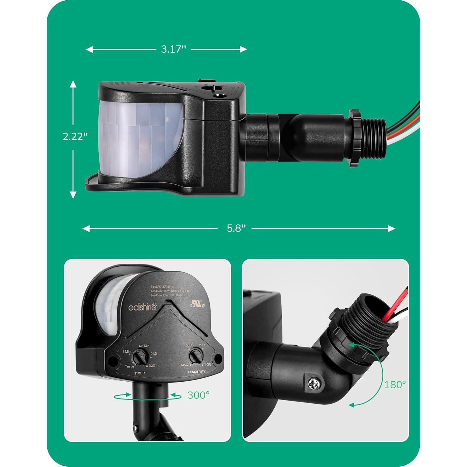 Sensor de Movimiento EDISHINE 240° Ajustable 18.3m Negro