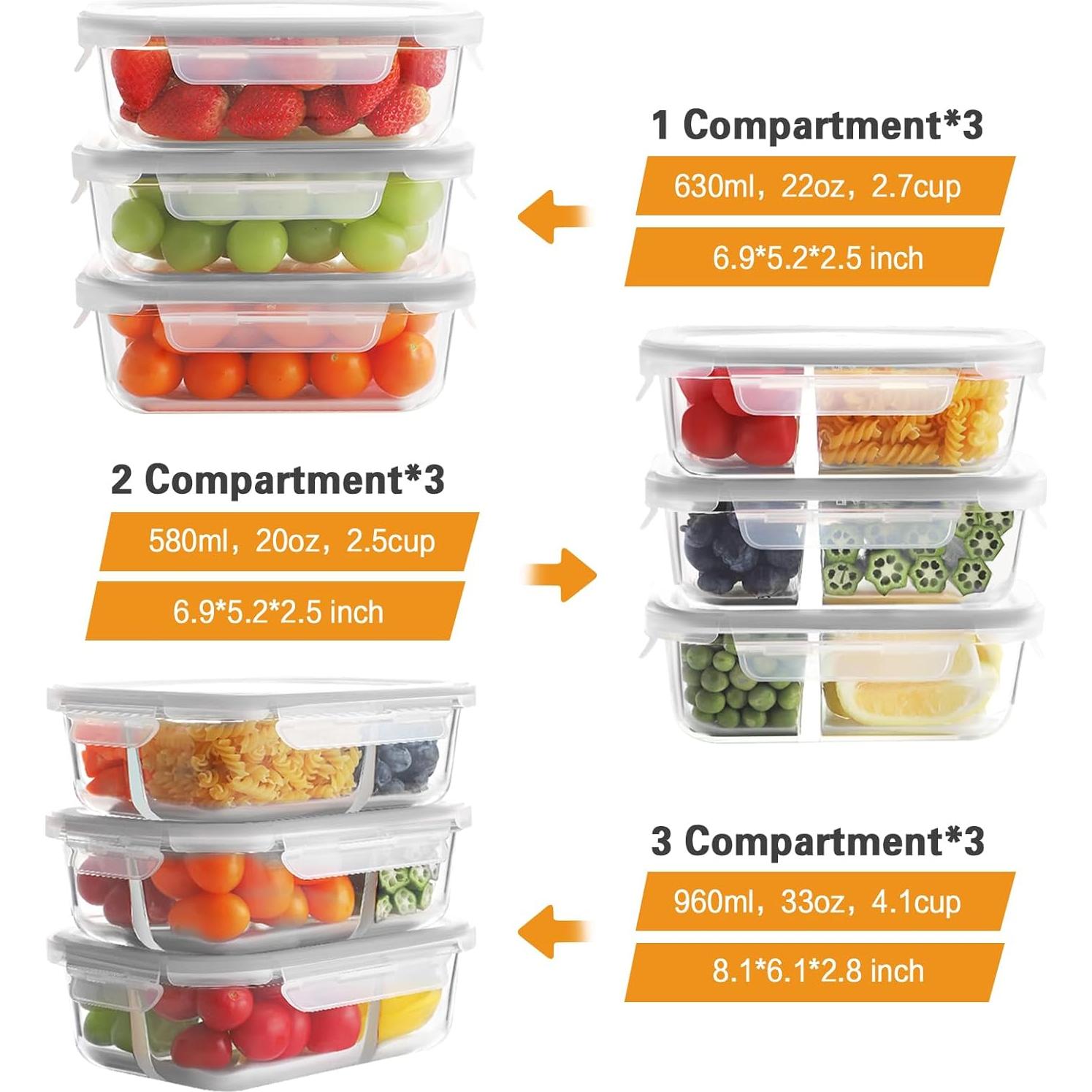 Bayco 9 Contenedores de Vidrio para Comidas A Prueba de Fugas