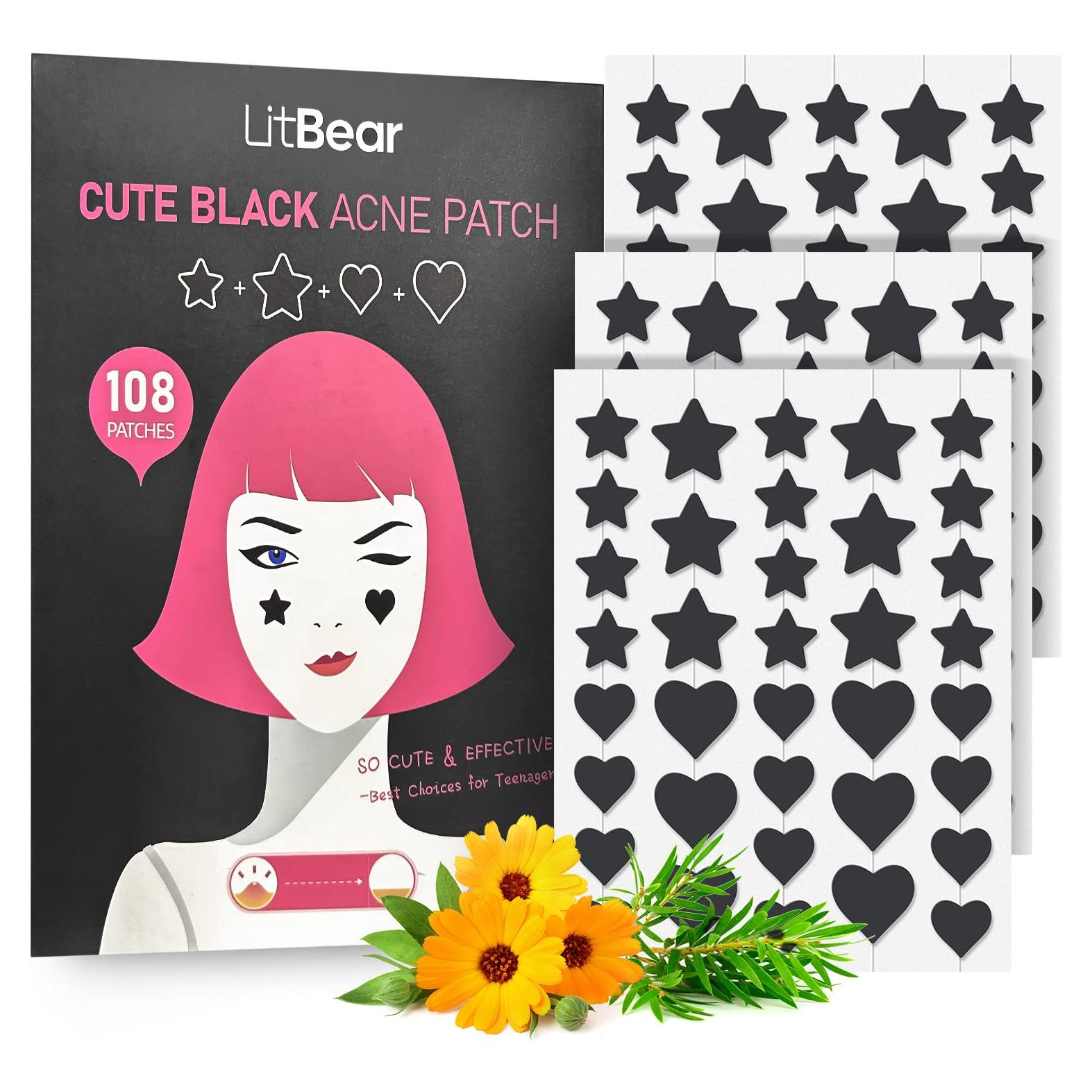 Parches Hidrocoloides para Acné LitBear - Estrella y Corazón Negro (108 Unidades)