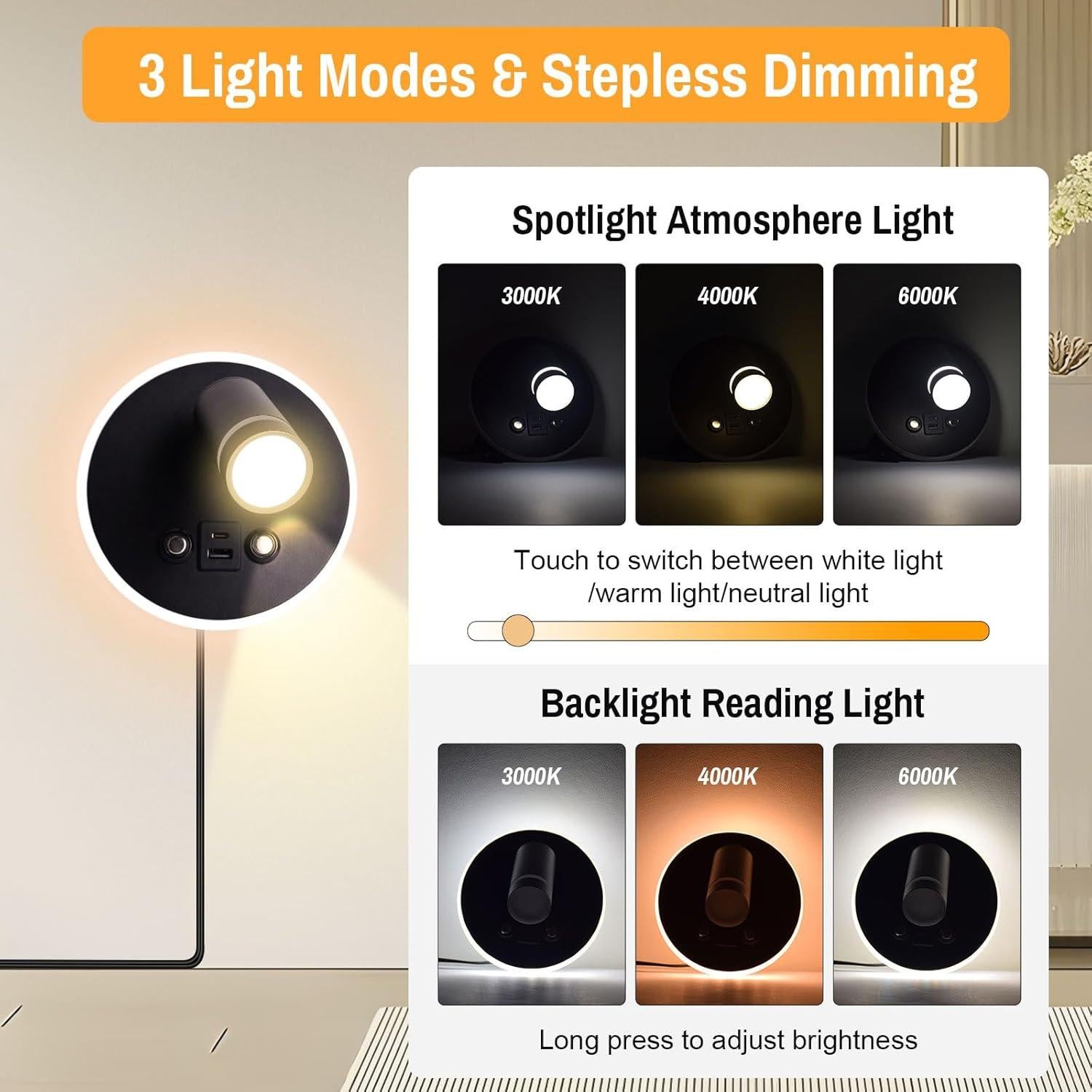 Luz de Lectura Montada en Pared ERAY con USB y Control Táctil