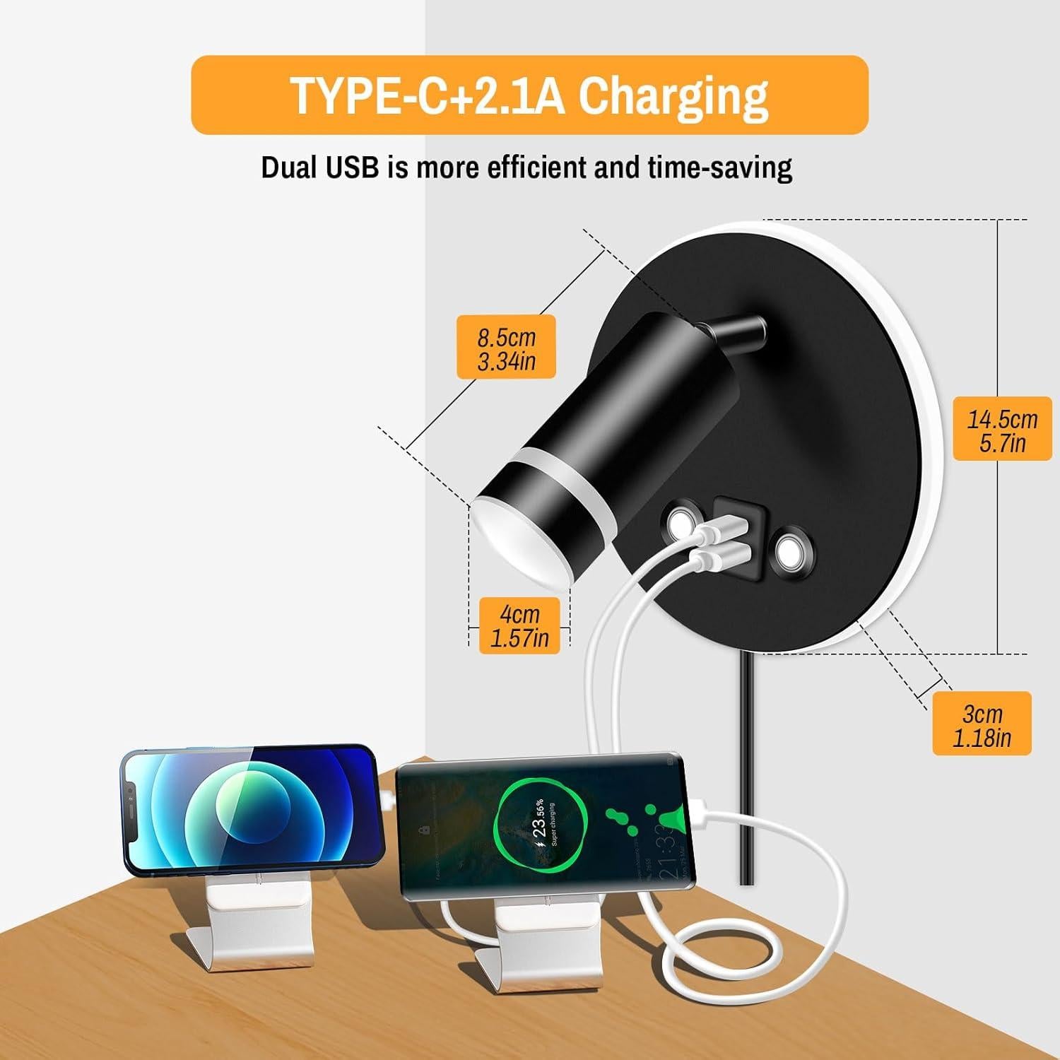 Luz de Lectura Montada en Pared ERAY con USB y Control Táctil