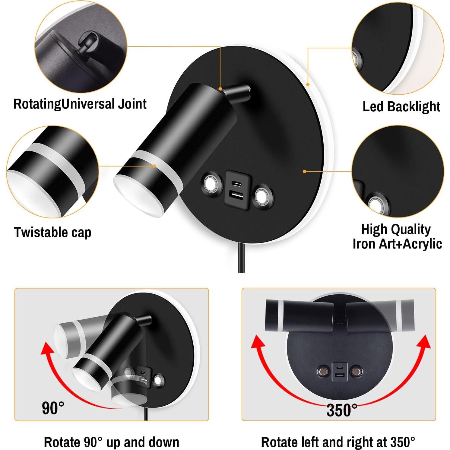 Luz de Lectura Montada en Pared ERAY con USB y Control Táctil