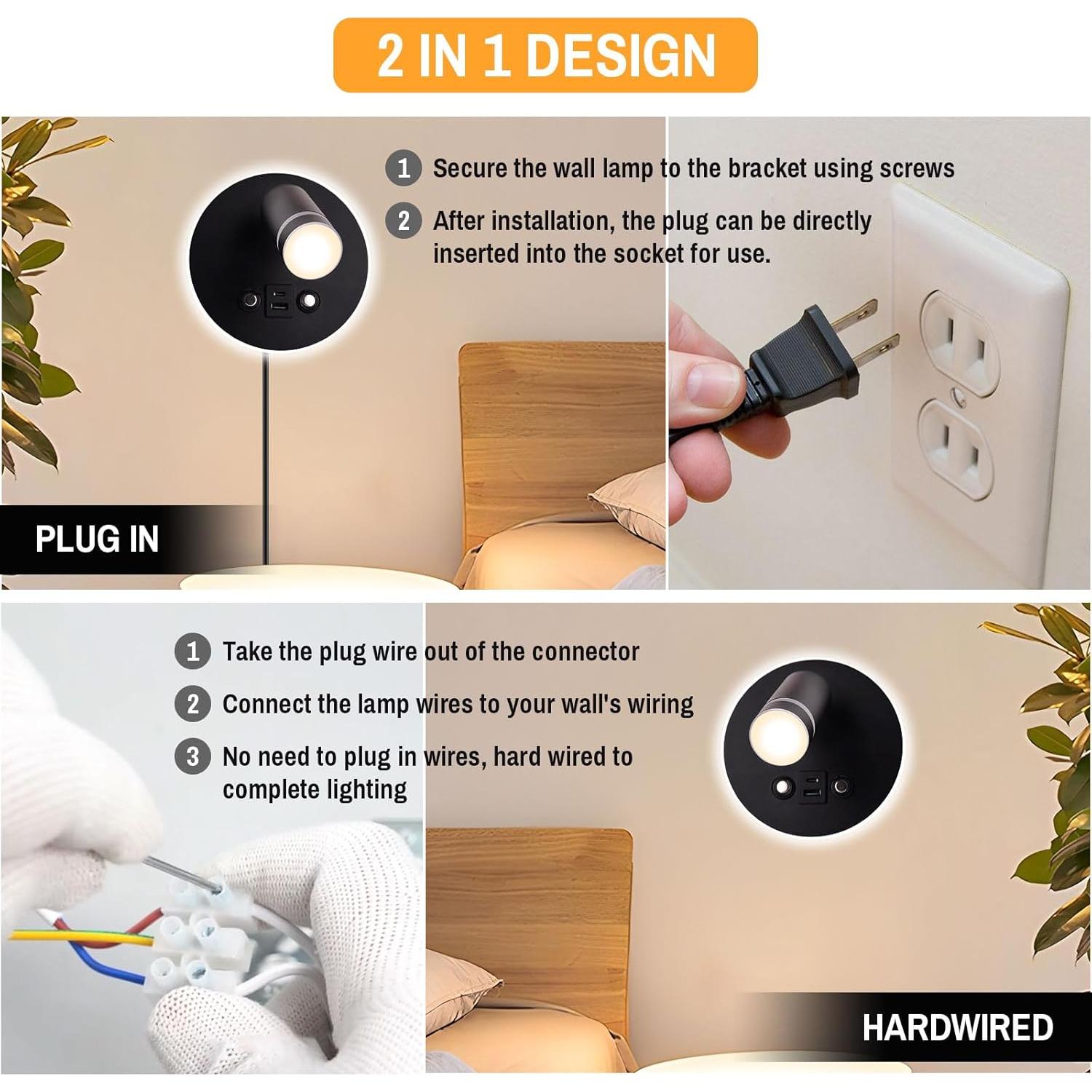 Luz de Lectura Montada en Pared ERAY con USB y Control Táctil
