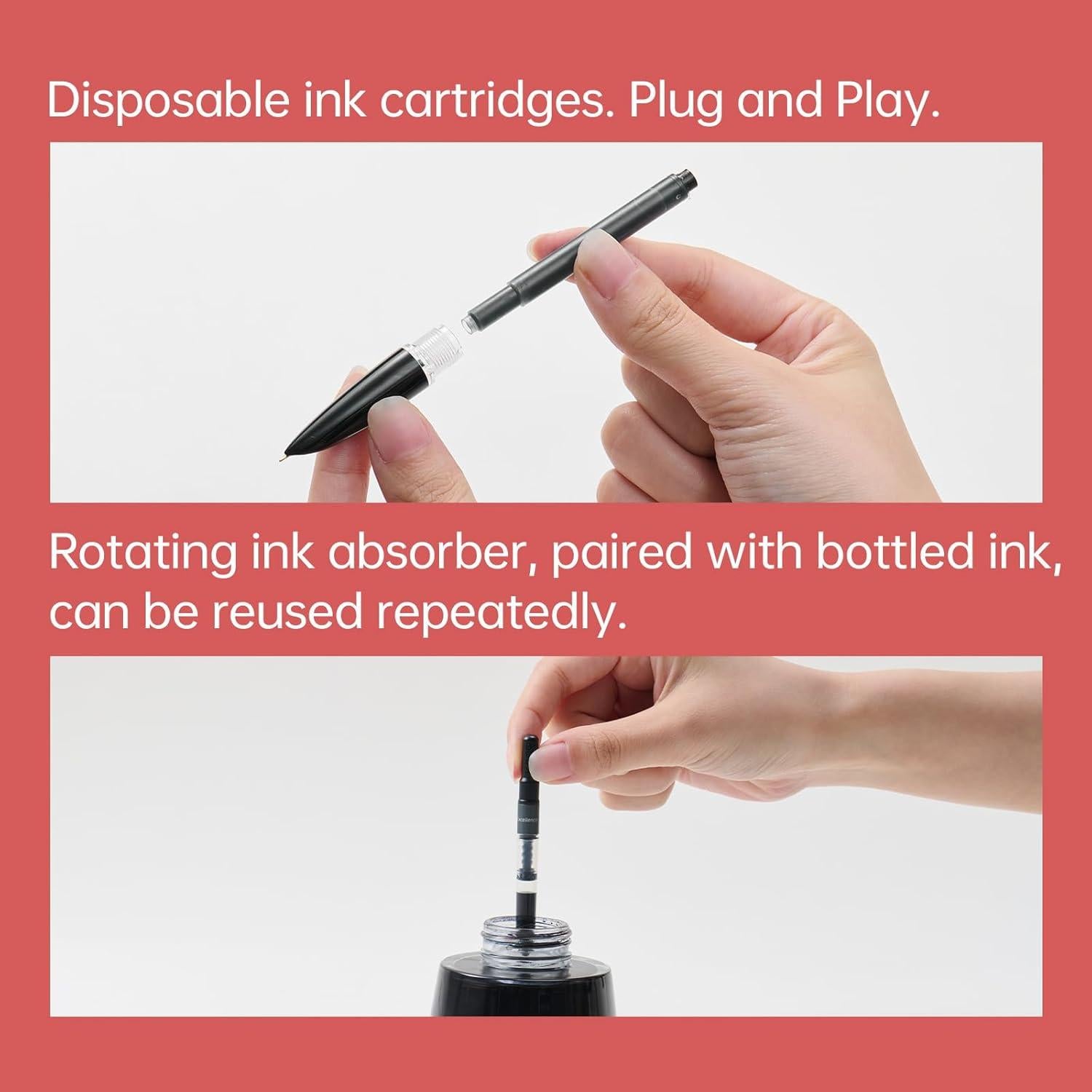 Pluma Fuente Kaco Negra Punta Extra Fina con 8 Cartuchos