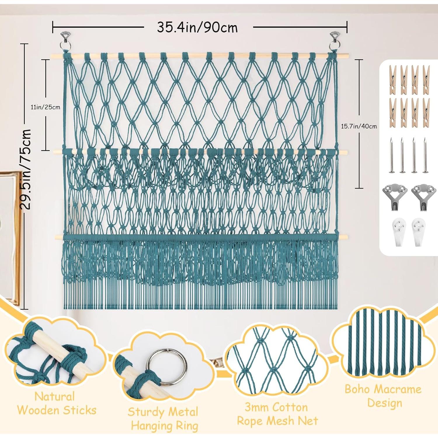 2 Tier Stuffed Animal Storage Shelf Net, 35x30'' Large Plushie Net w/ 2.4/1'' Dense Mesh for Mini Medium Stuffy Teddy, Aqua Boho Macrame Toy Holder Display w/ Lights&Clips for Nursery Kid Girl Boy