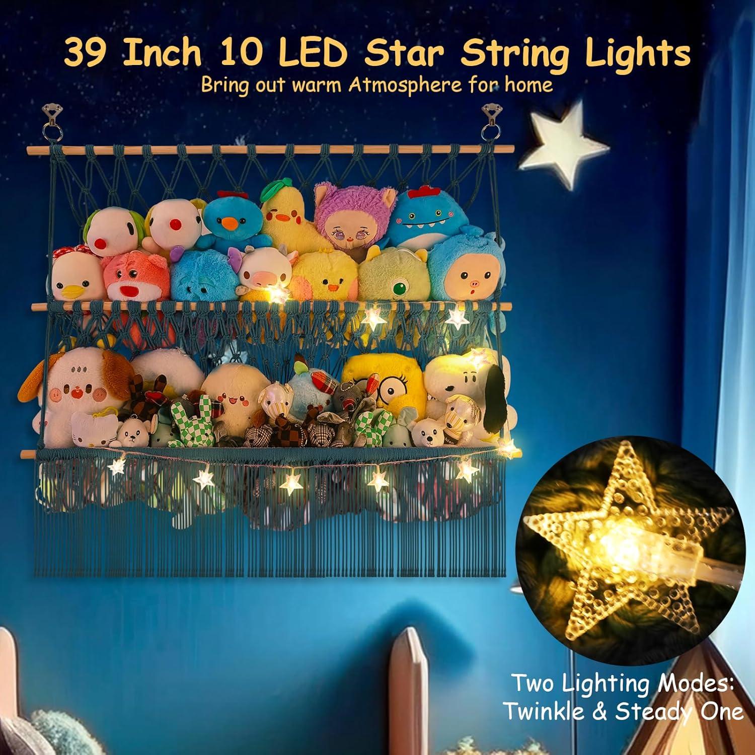 2 Tier Stuffed Animal Storage Shelf Net, 35x30'' Large Plushie Net w/ 2.4/1'' Dense Mesh for Mini Medium Stuffy Teddy, Aqua Boho Macrame Toy Holder Display w/ Lights&Clips for Nursery Kid Girl Boy