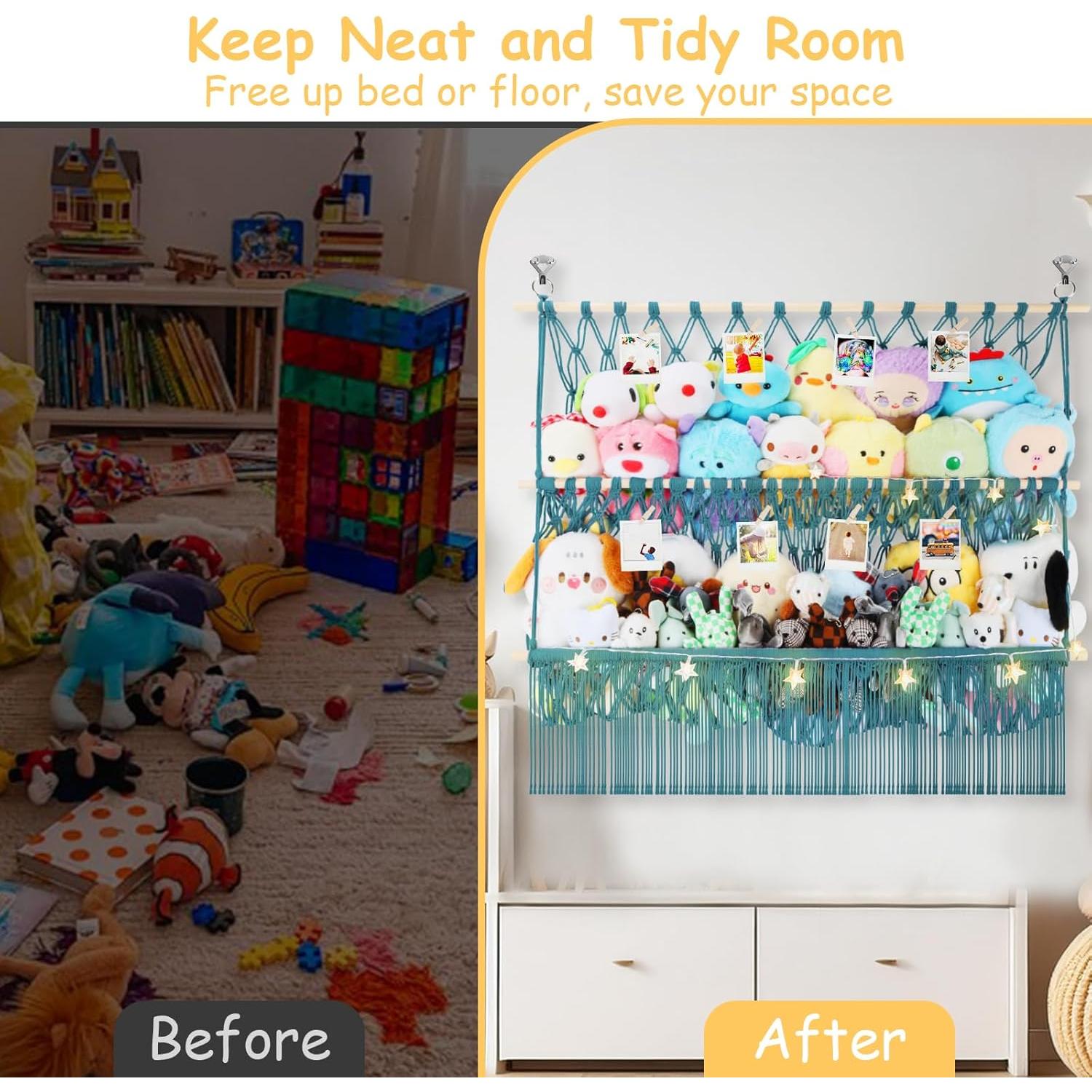 2 Tier Stuffed Animal Storage Shelf Net, 35x30'' Large Plushie Net w/ 2.4/1'' Dense Mesh for Mini Medium Stuffy Teddy, Aqua Boho Macrame Toy Holder Display w/ Lights&Clips for Nursery Kid Girl Boy