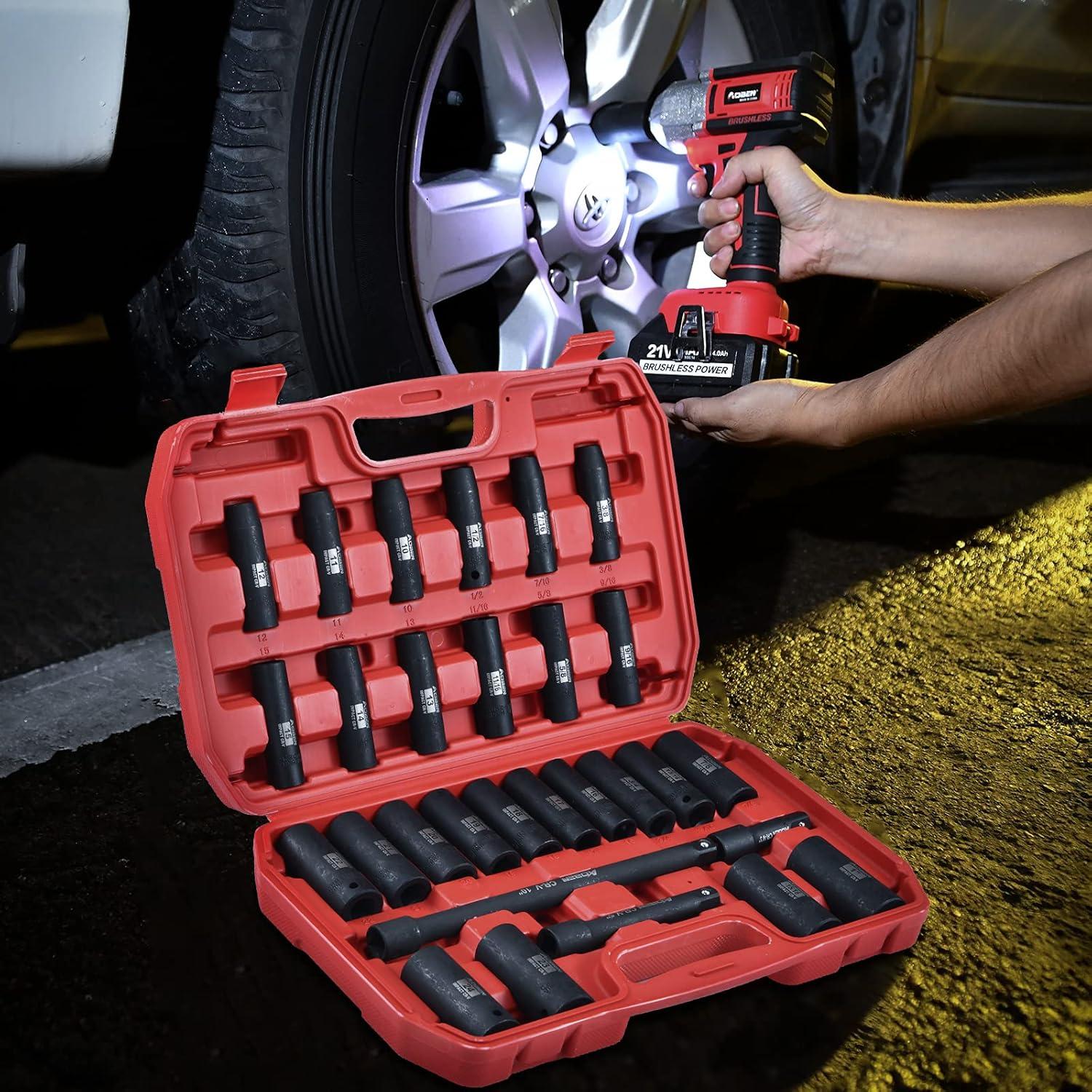 Juego de Enchufes de Impacto AOBEN 29 Piezas 1/2" SAE/Métrico