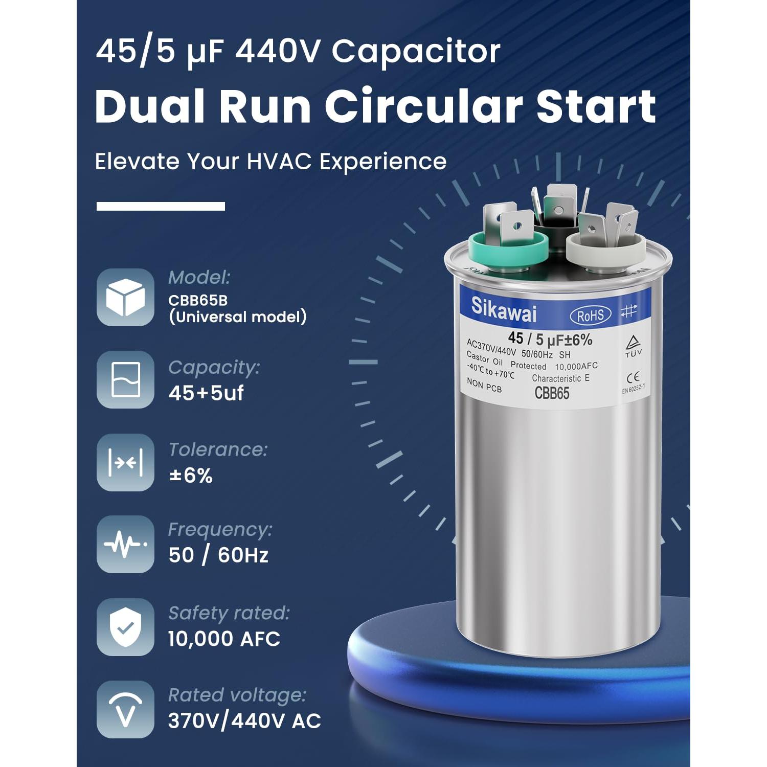 Capacitor CBB65B 45/5uF 370/440V Sikawai para Aire Acondicionado