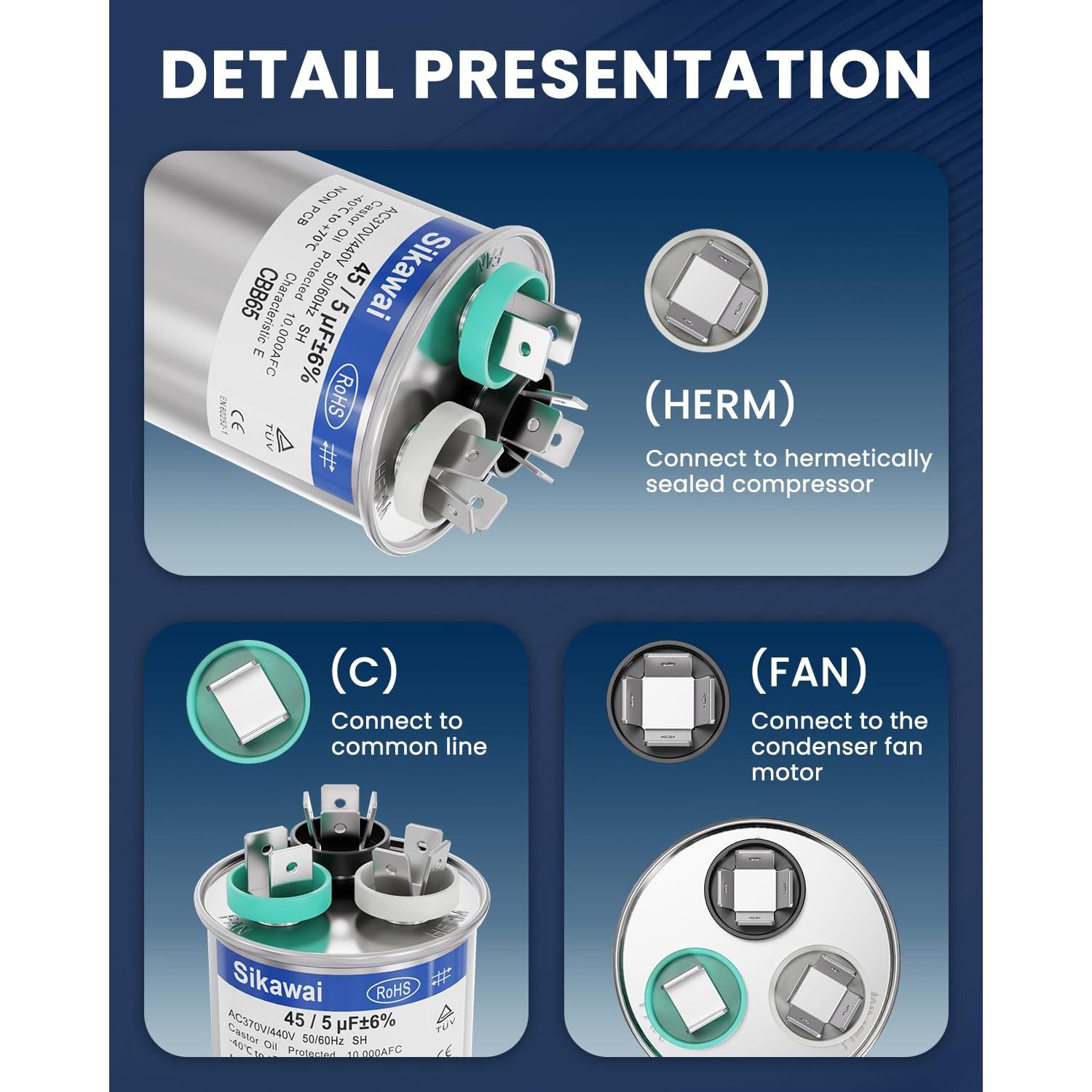 Capacitor CBB65B 45/5uF 370/440V Sikawai para Aire Acondicionado