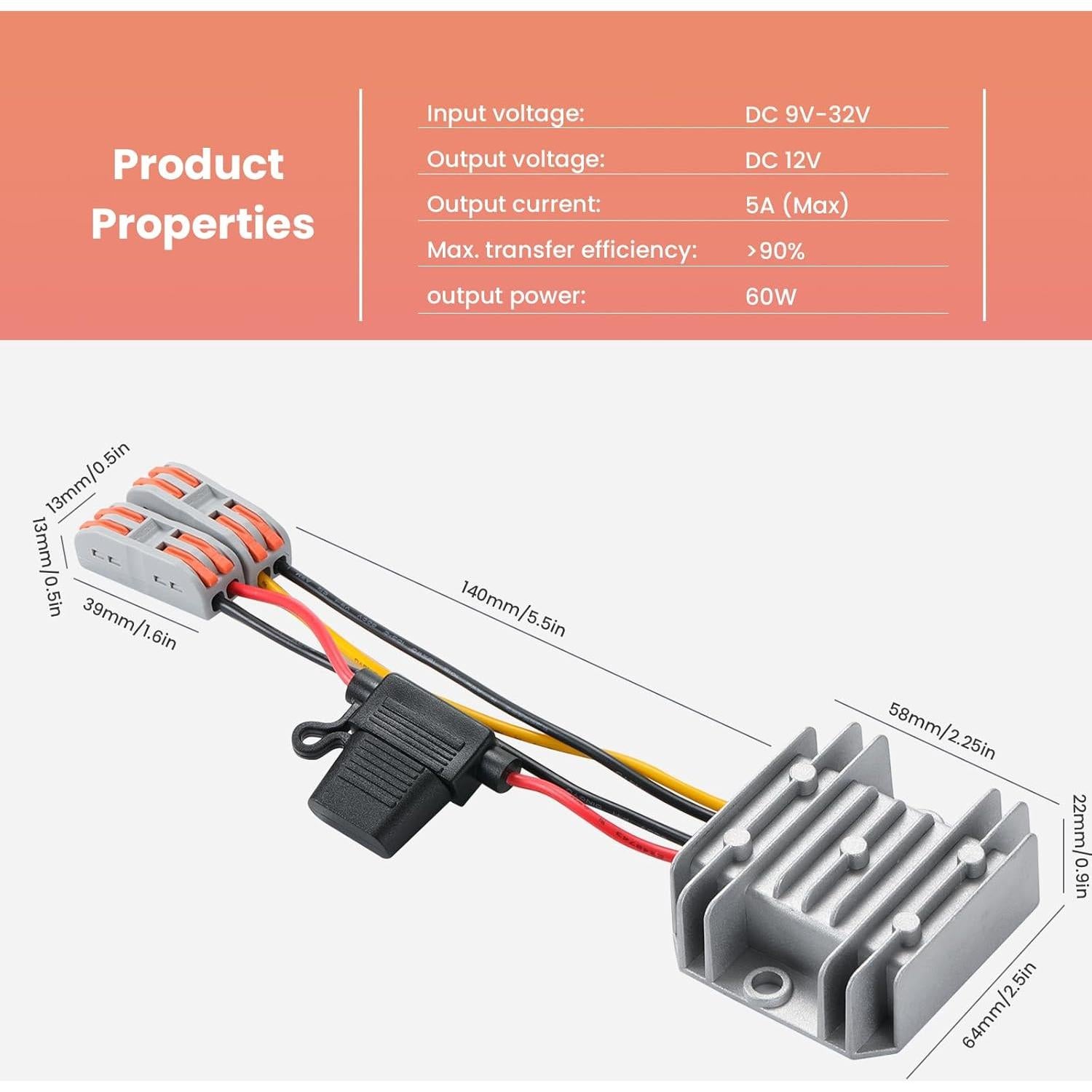 Convertidor Buck 12V 5A YBBOTT 60W DC 9-32V a 12V