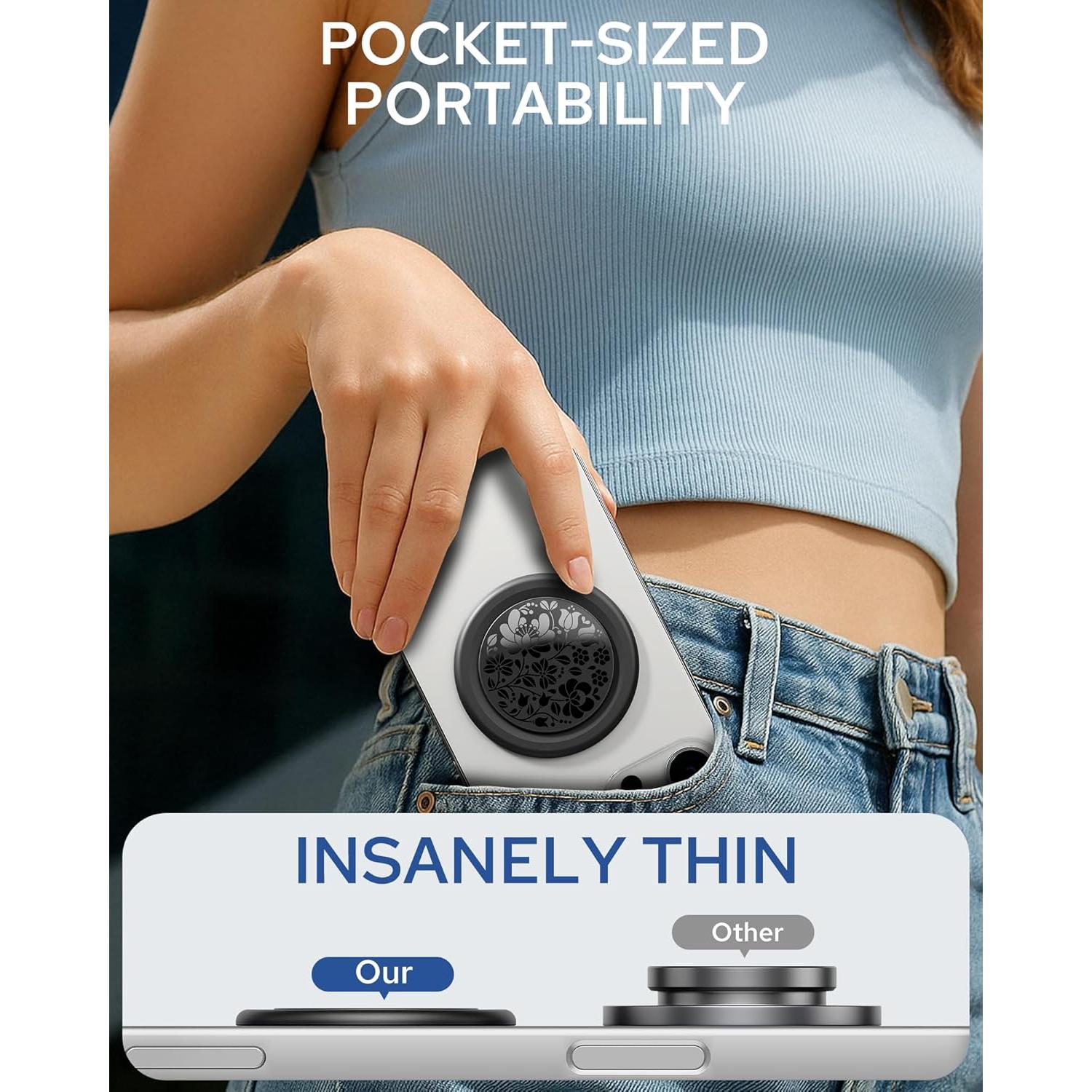 Soporte de Anillo Adhesivo TecRange Floral Negro - Ultra Delgado y Plegable