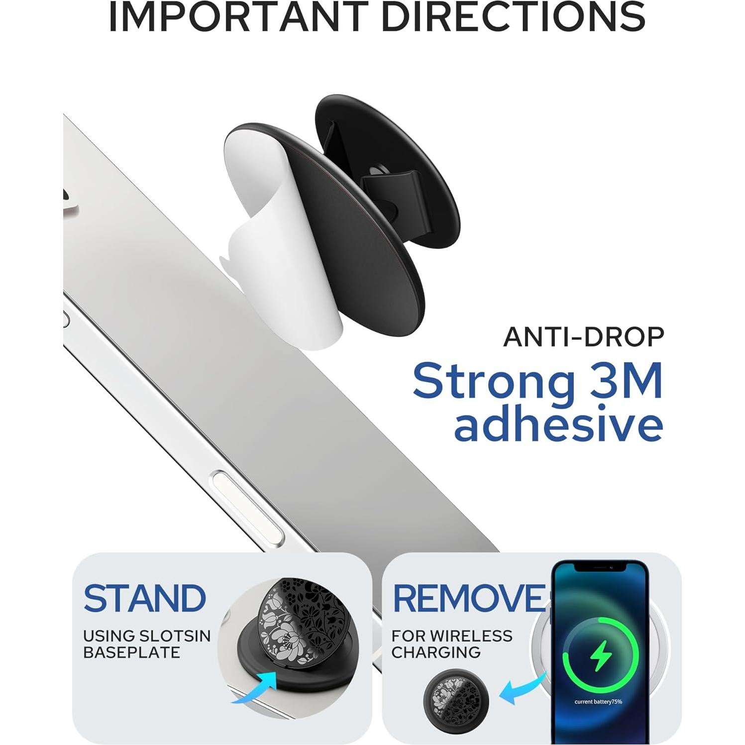 Soporte de Anillo Adhesivo TecRange Floral Negro - Ultra Delgado y Plegable