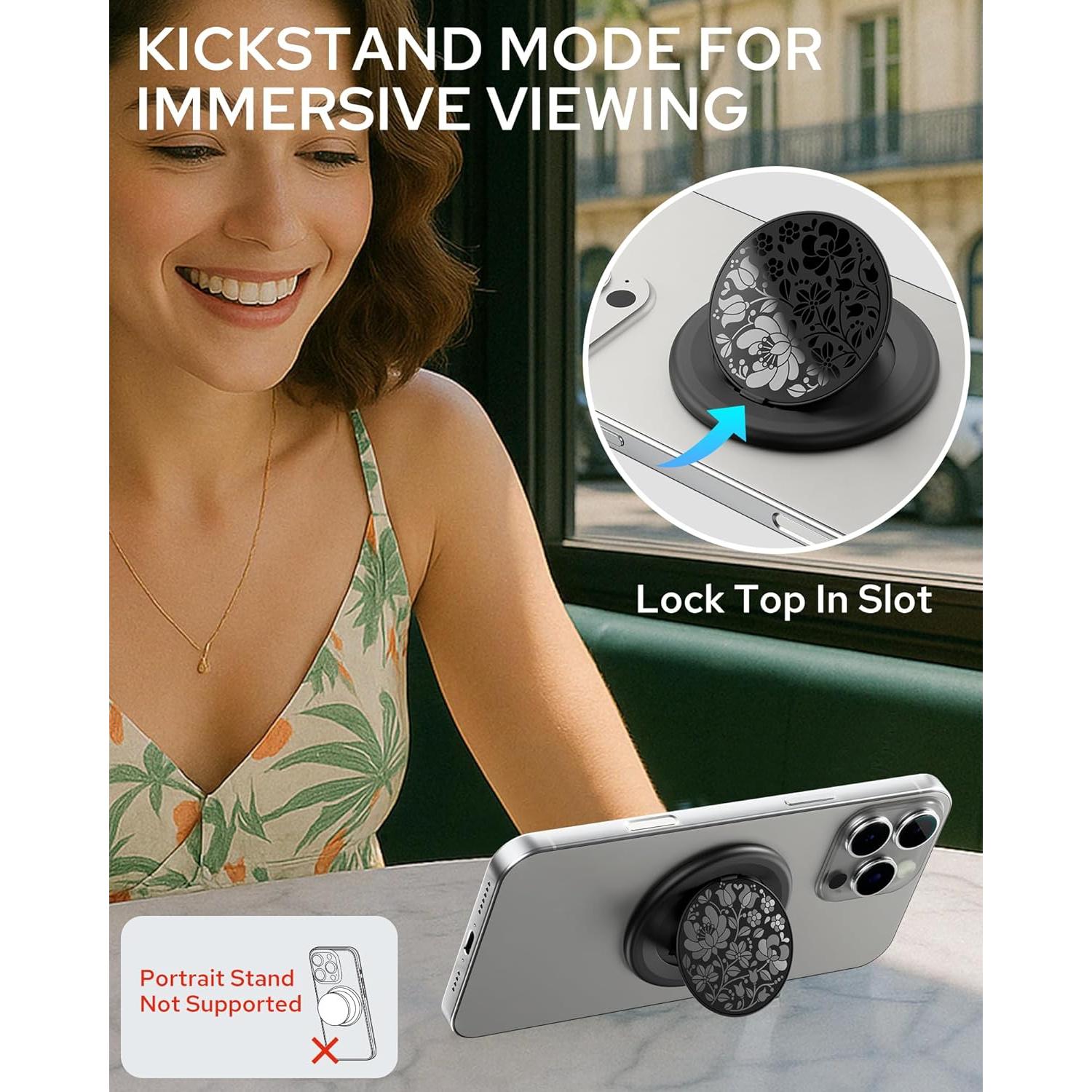 Soporte de Anillo Adhesivo TecRange Floral Negro - Ultra Delgado y Plegable