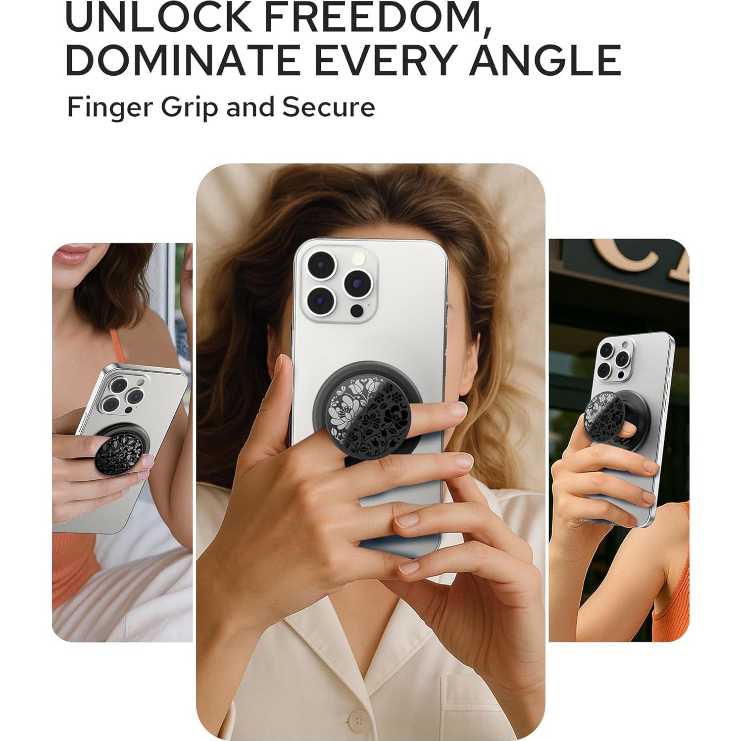 Soporte de Anillo Adhesivo TecRange Floral Negro - Ultra Delgado y Plegable