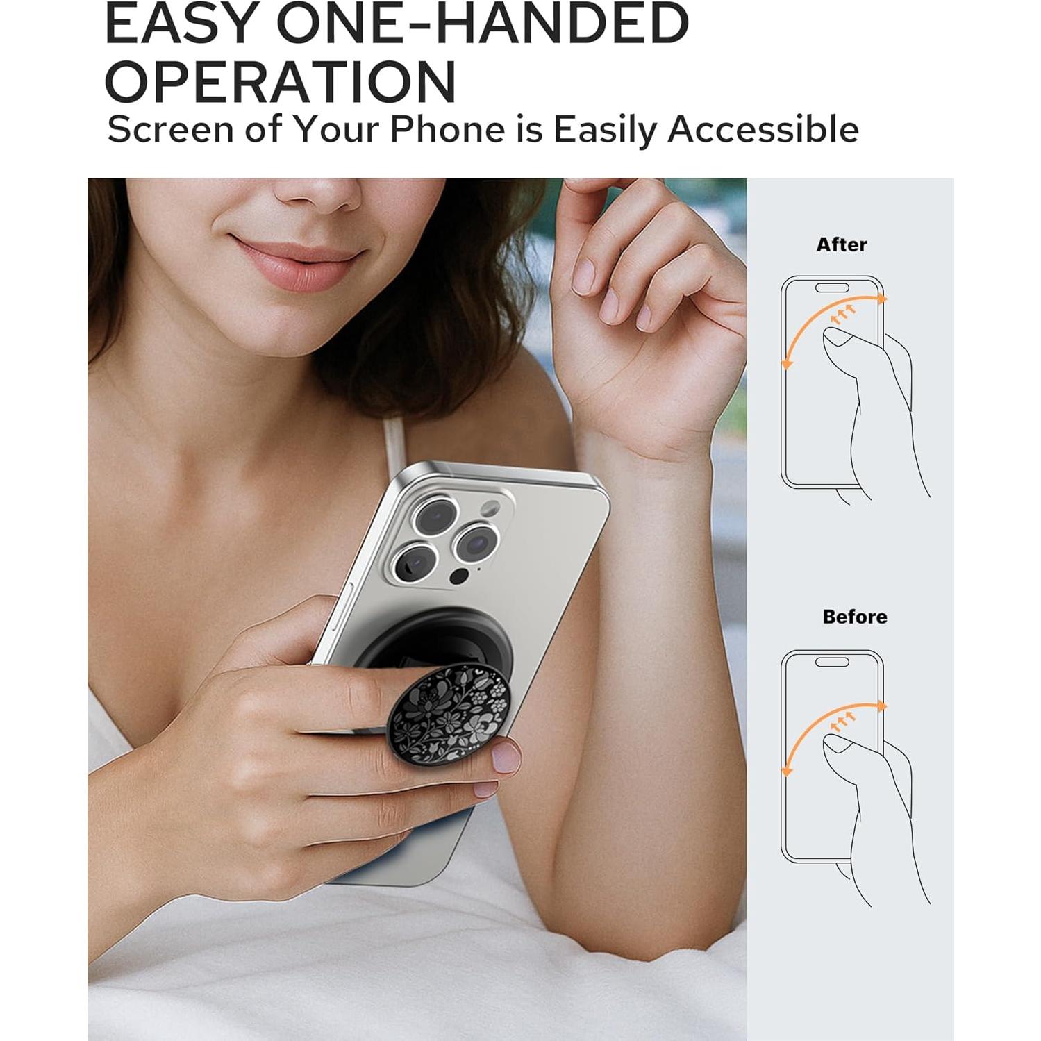 Soporte de Anillo Adhesivo TecRange Floral Negro - Ultra Delgado y Plegable