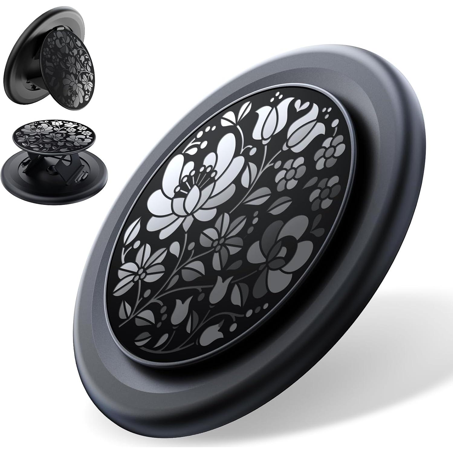 Soporte de Anillo Adhesivo TecRange Floral Negro - Ultra Delgado y Plegable