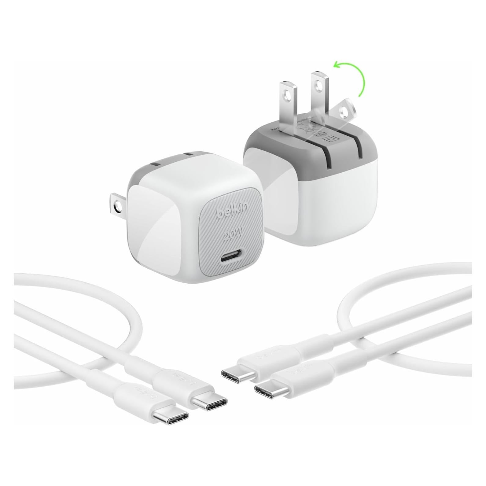 Cargador de Pared USB-C Belkin 20W + 2 Cables USB-C - Blanco