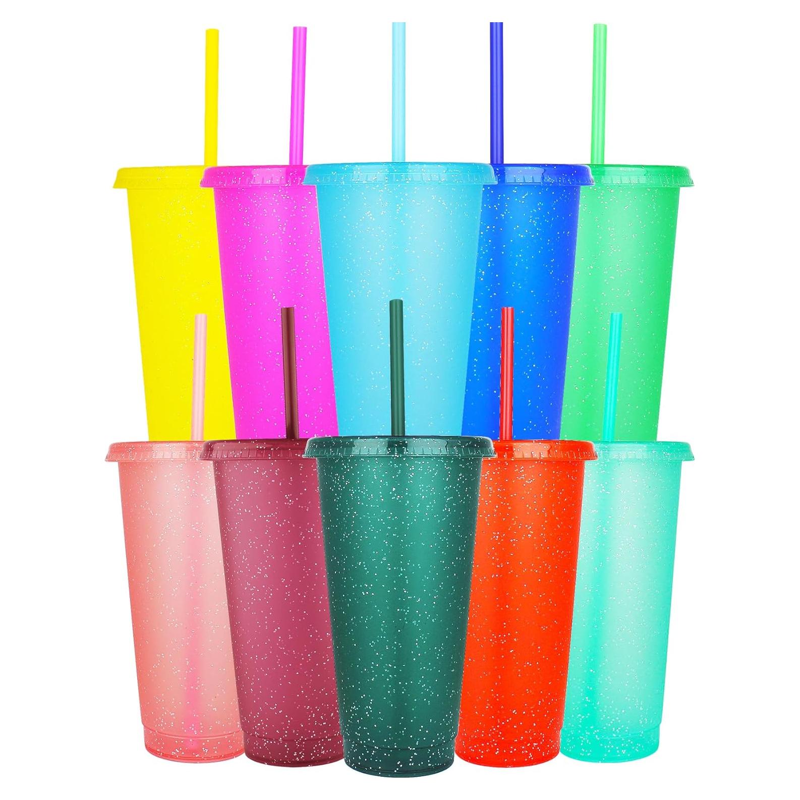 Paquete de 10 Vasos Reutilizables Suertestarry 710ml con Tapa y Pajita