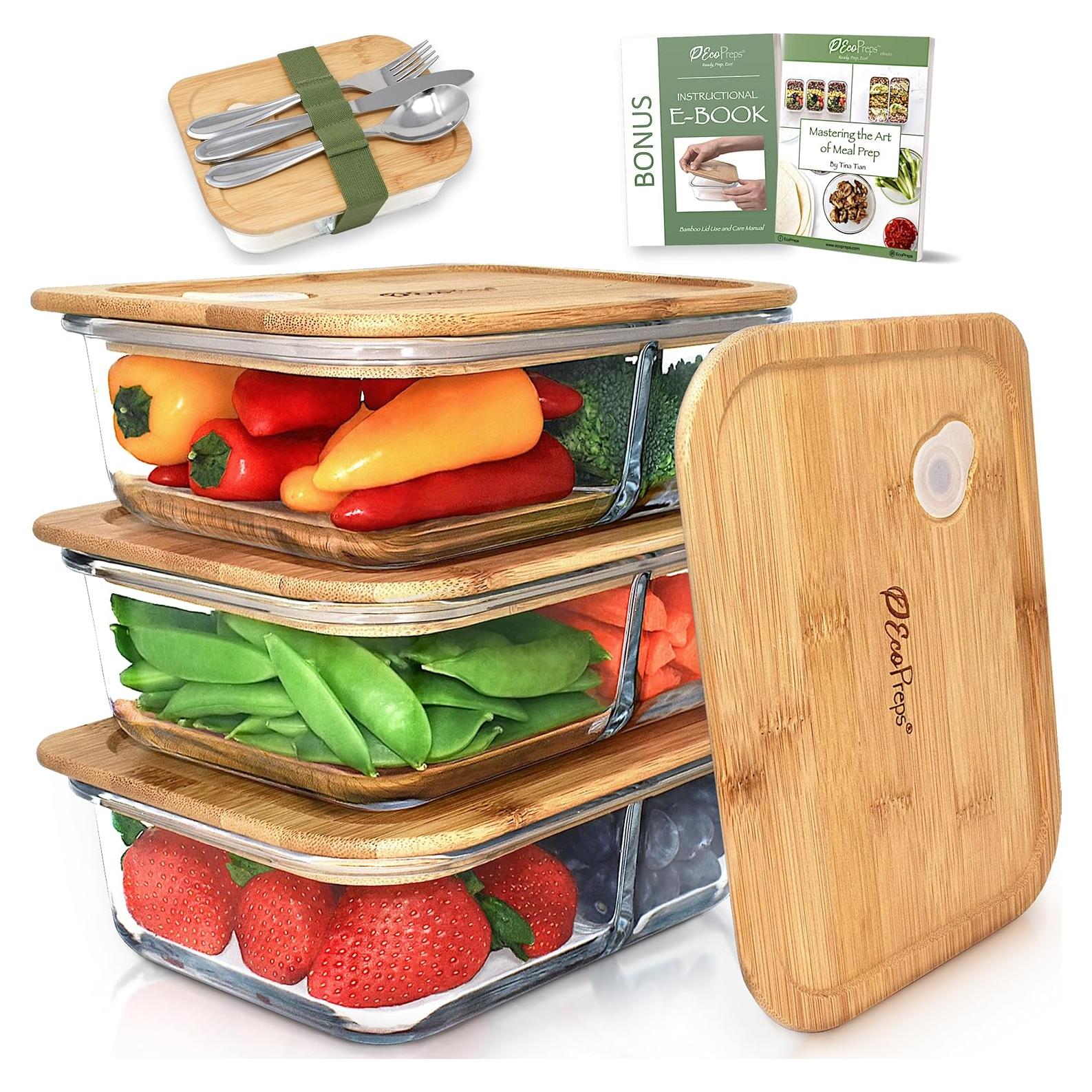 Contenedores de Vidrio EcoPreps 2 Compartimentos 1040ml - Juego de 3