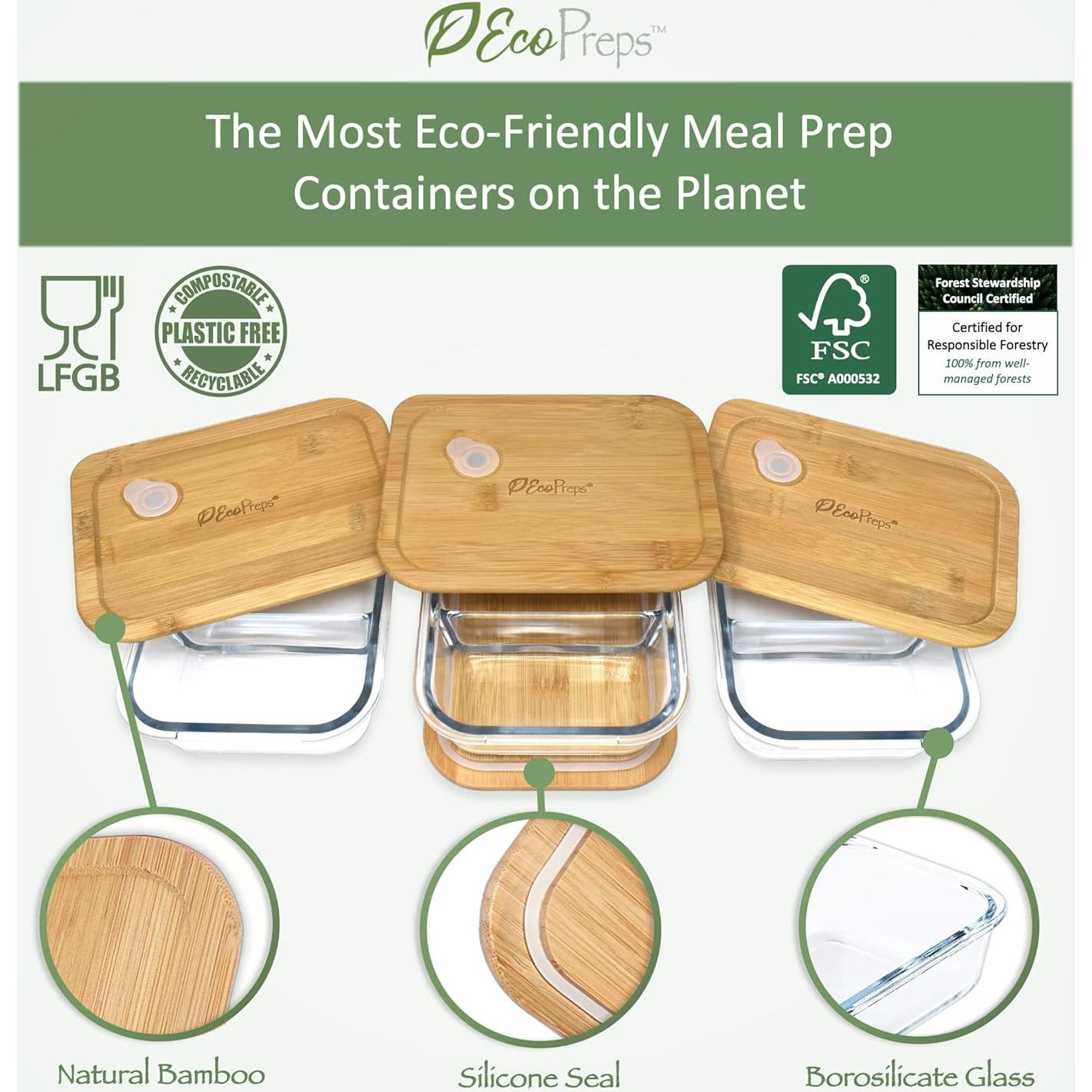 Contenedores de Vidrio EcoPreps 2 Compartimentos 1040ml - Juego de 3