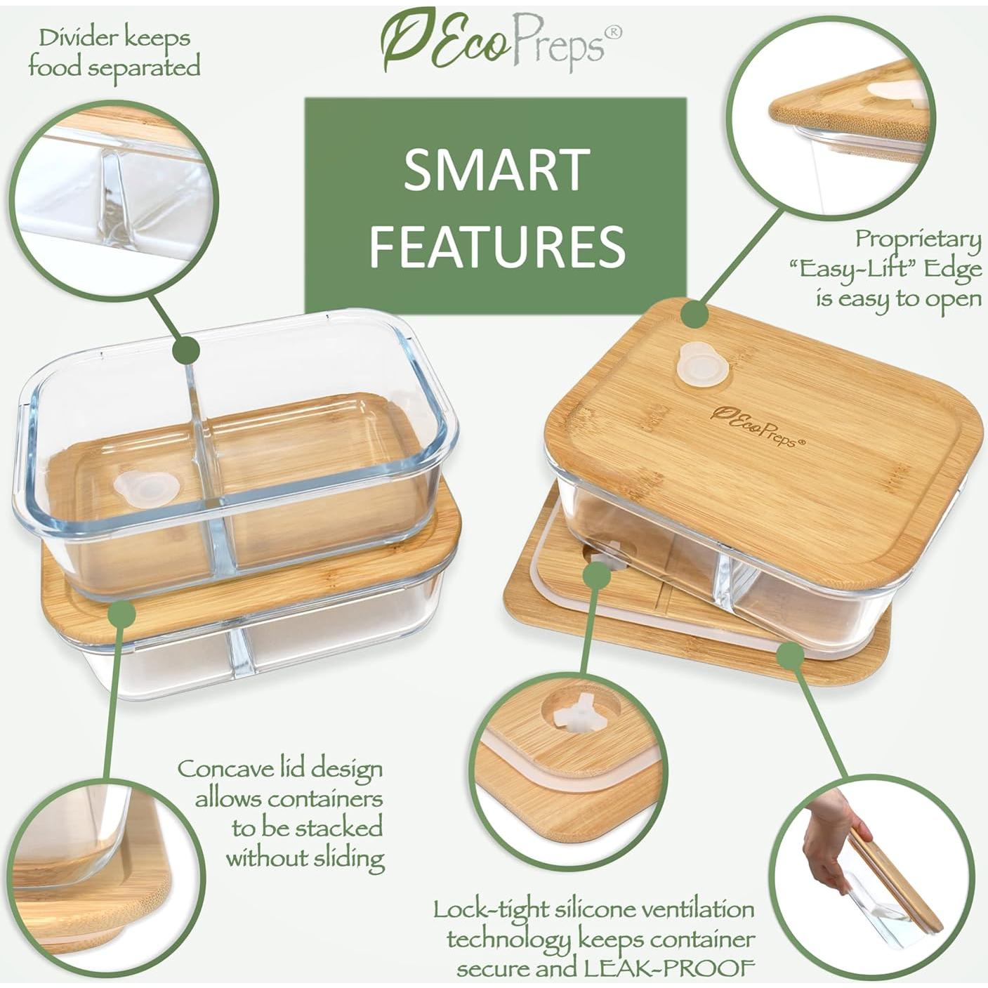 Contenedores de Vidrio EcoPreps 2 Compartimentos 1040ml - Juego de 3